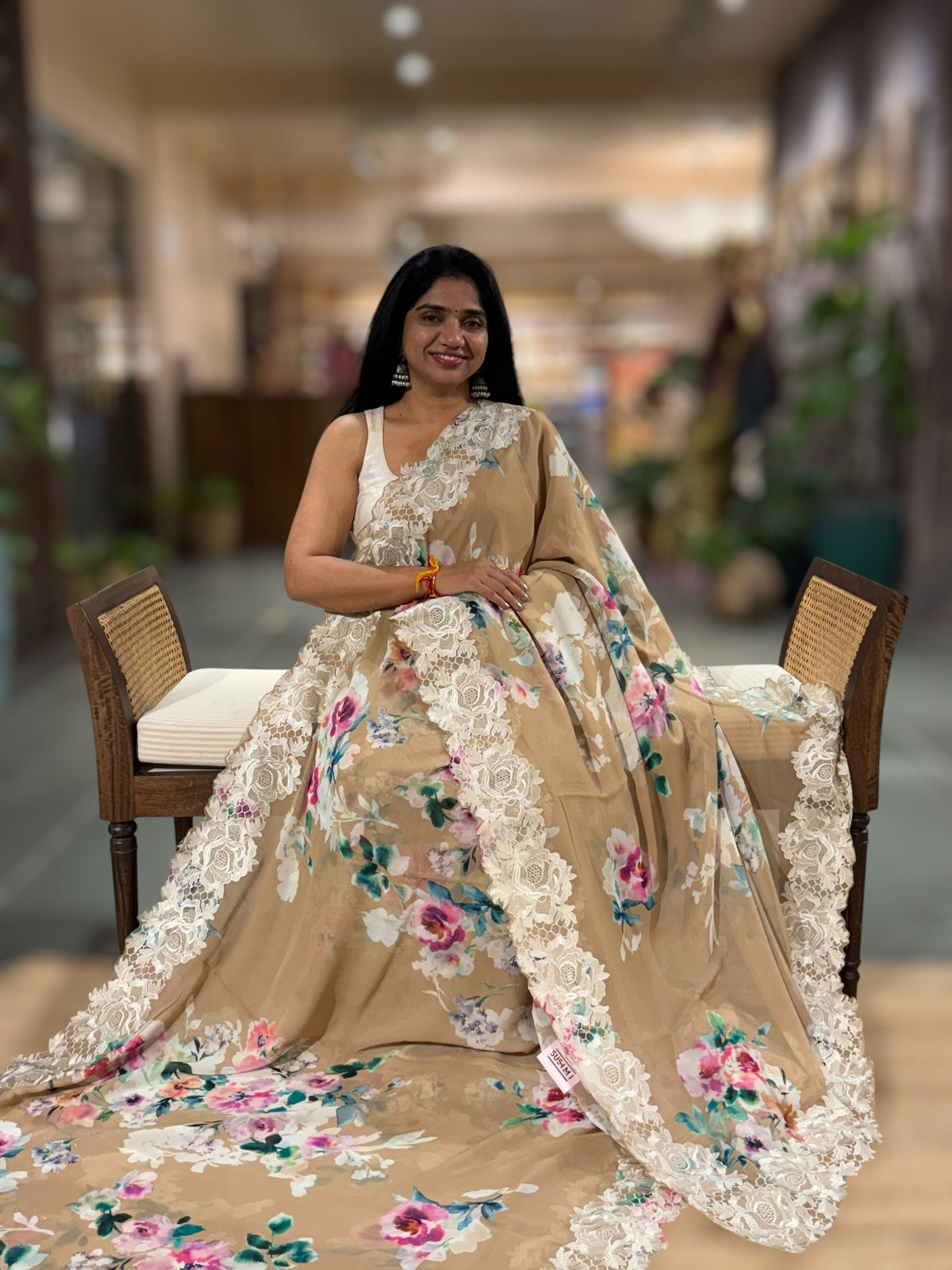 Camel Brown Gorgette  Saree With Chatilly Lace Style Cutwork embroidered Border