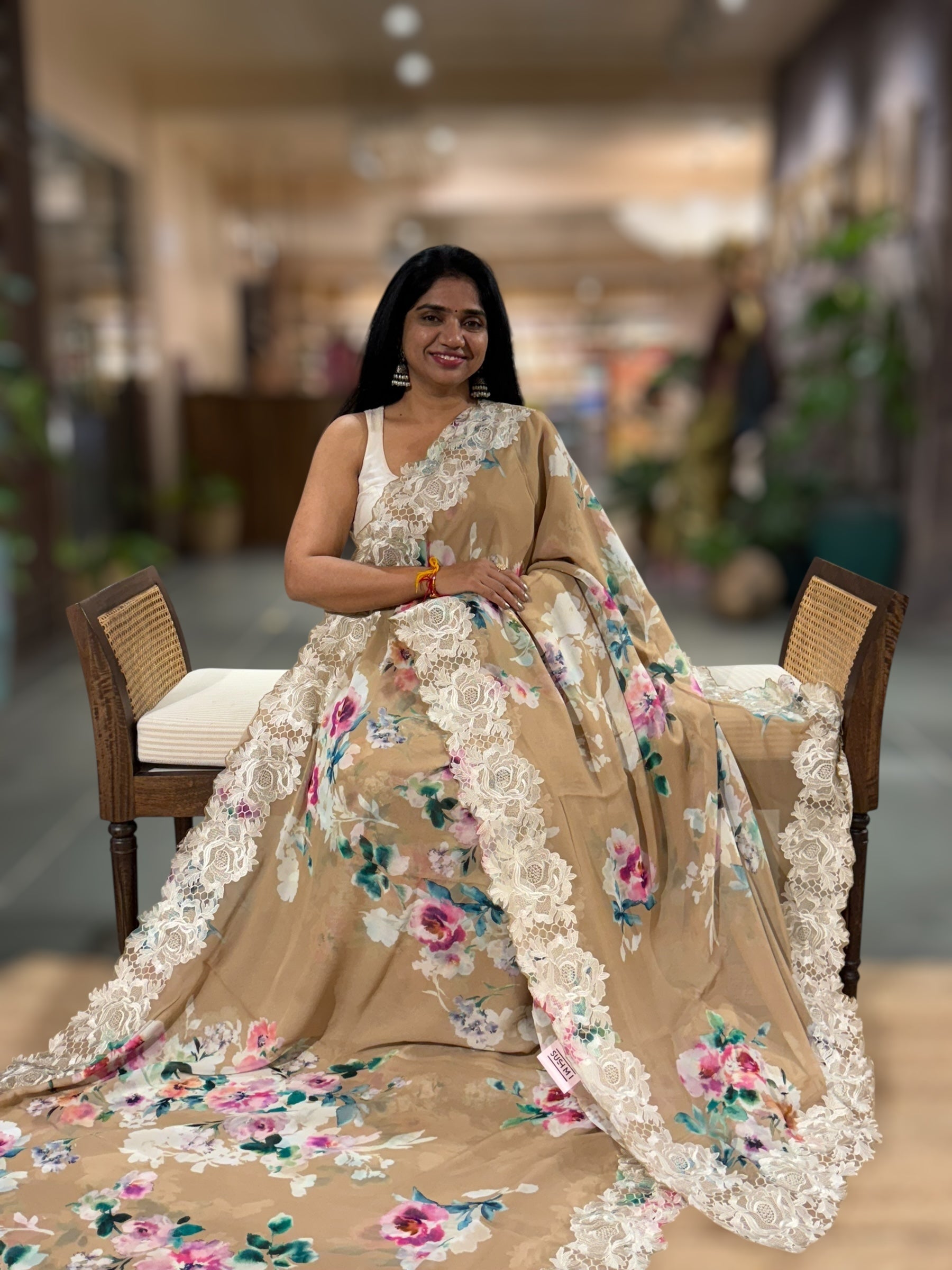 Camel Brown Gorgette  Saree With Chatilly Lace Style Cutwork embroidered Border
