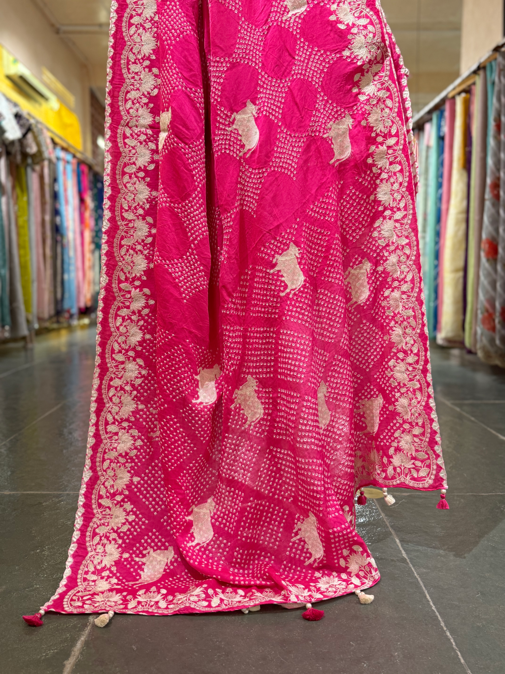 Neon Pink Pure Gajji Silk Rai Bandhej Saree with Pichwai Embroidery