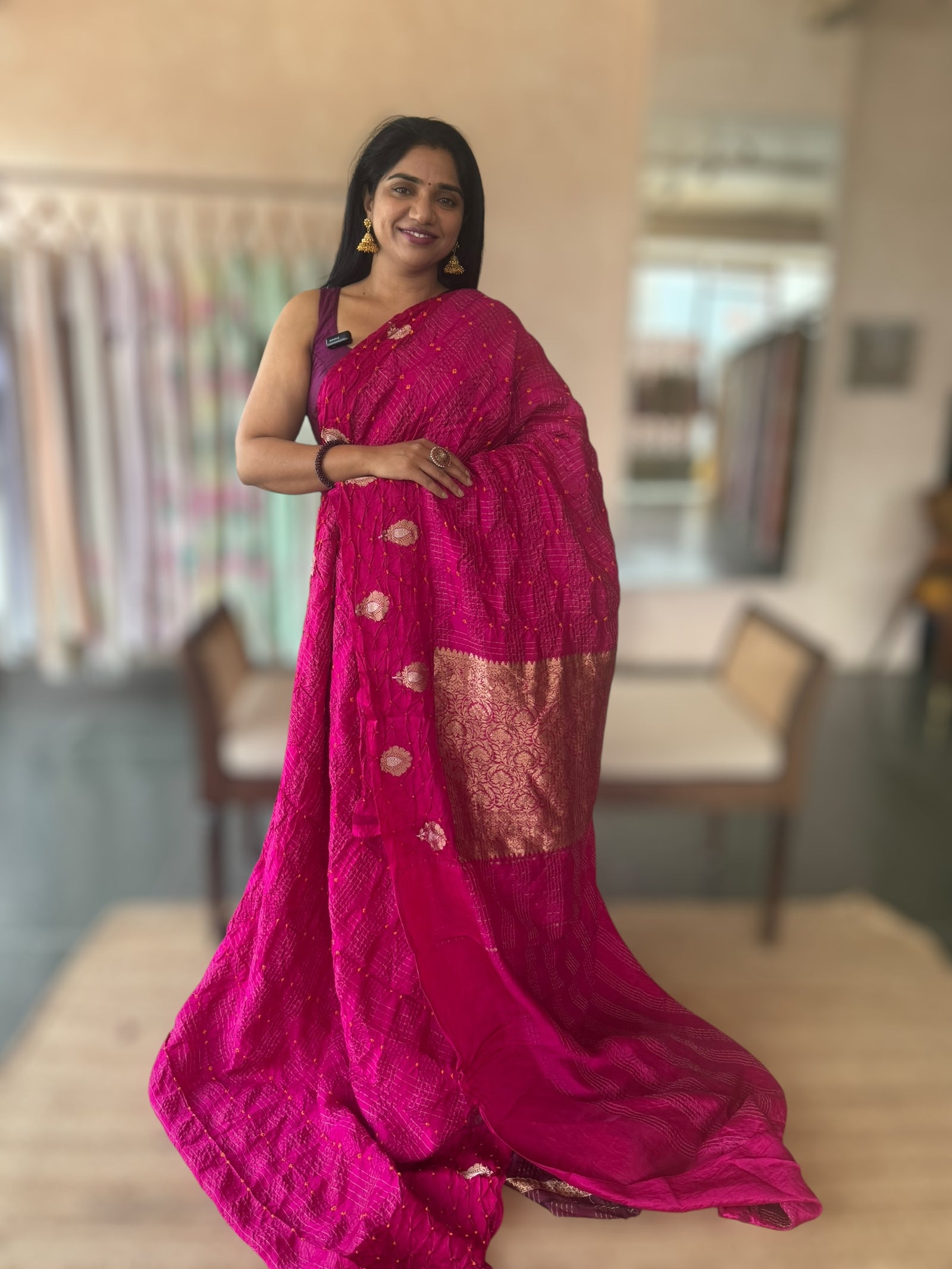 Rani Pink Banarasi Bandhej Silk Saree With Kaduwa Woven Open Mashru Borders