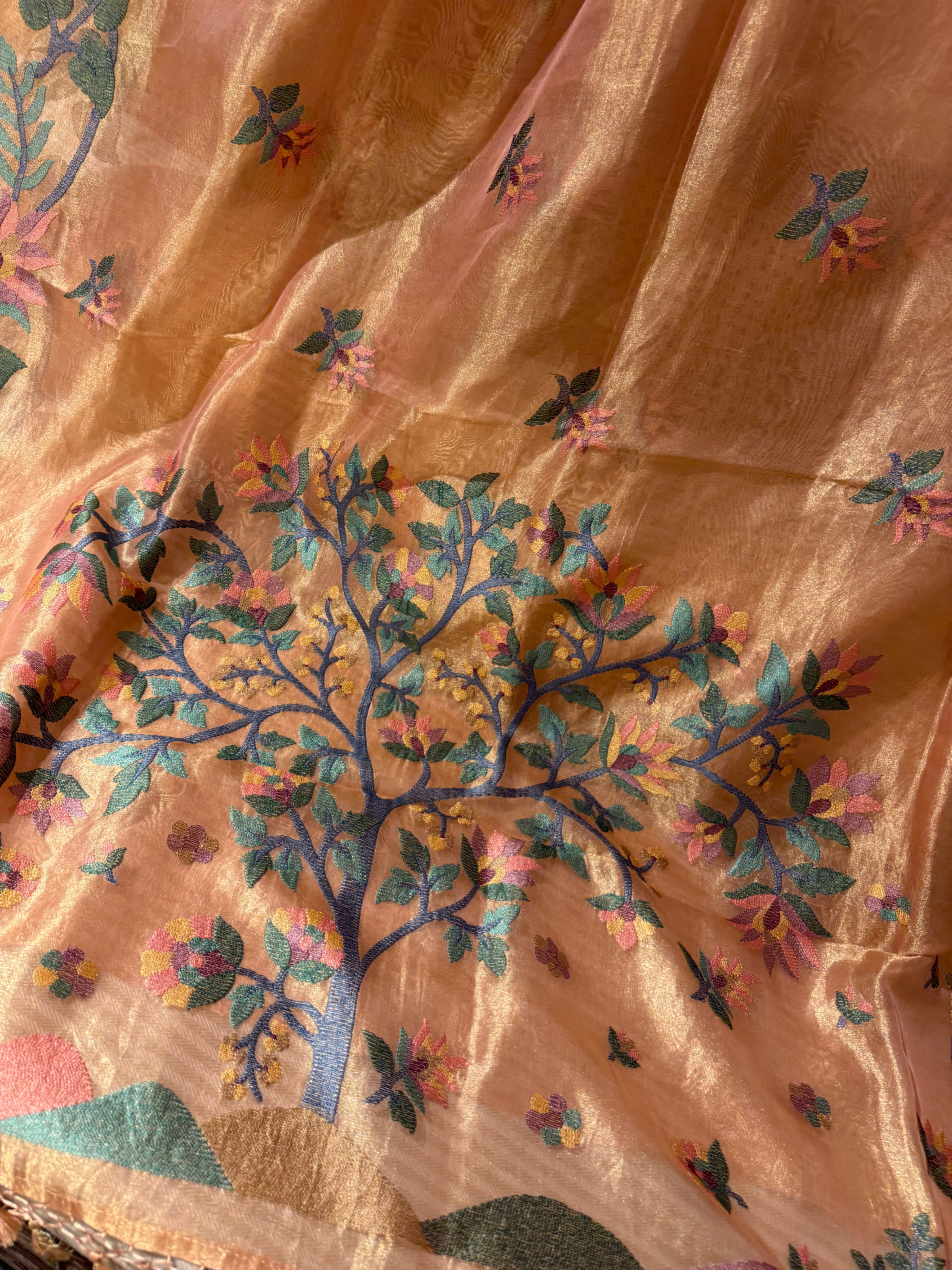 STJA207 : Peach Tissue With Jamdani Look Embroidery