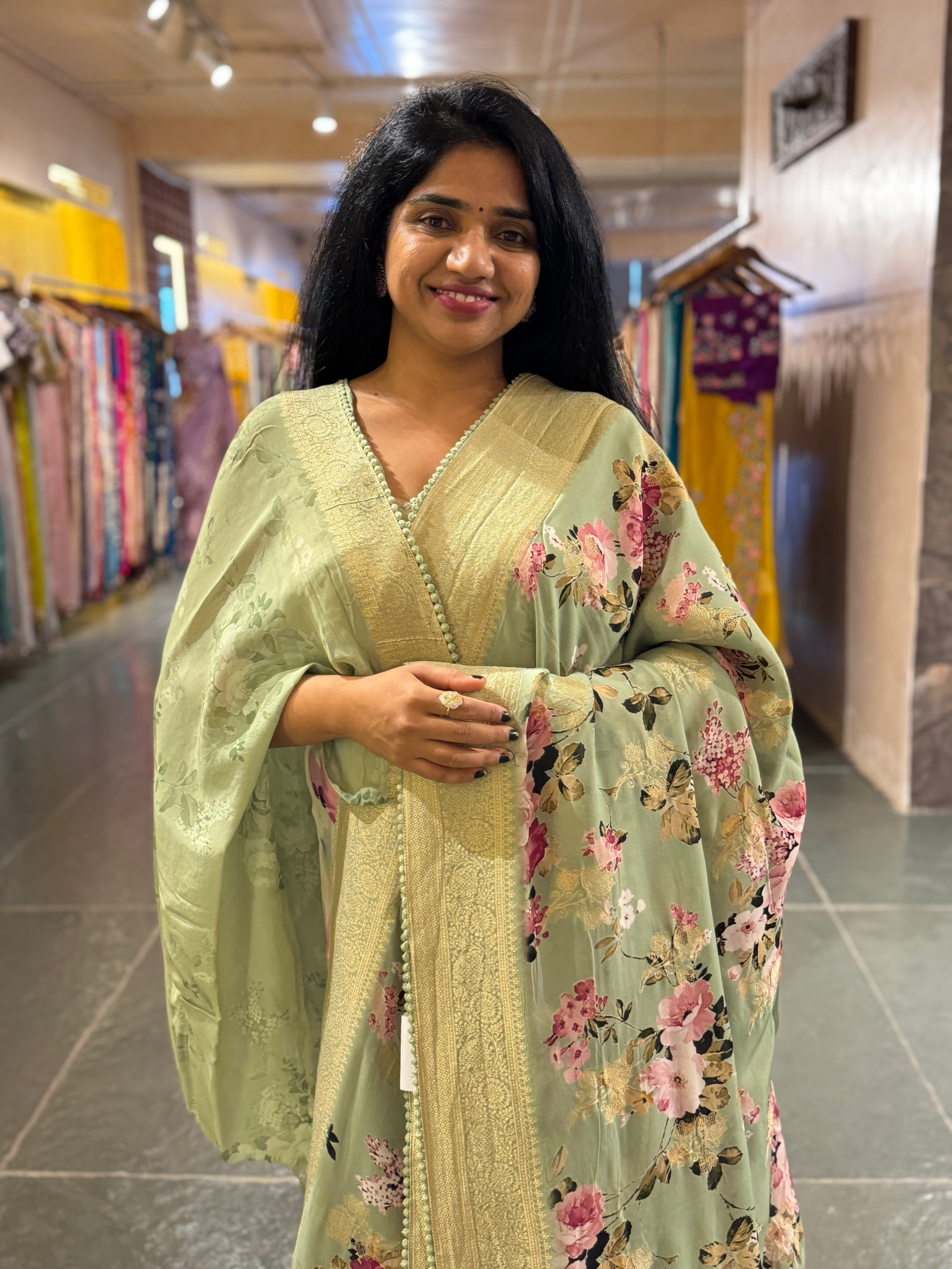 Pista Green Banarasi Khaddi Gorgette Sarees with Floral Print