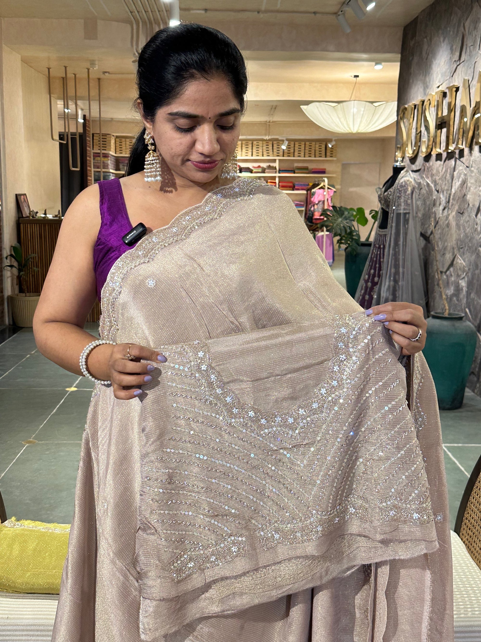 Beige Tissue Gorgette Saree with heavy scalloped handworked border and blouse