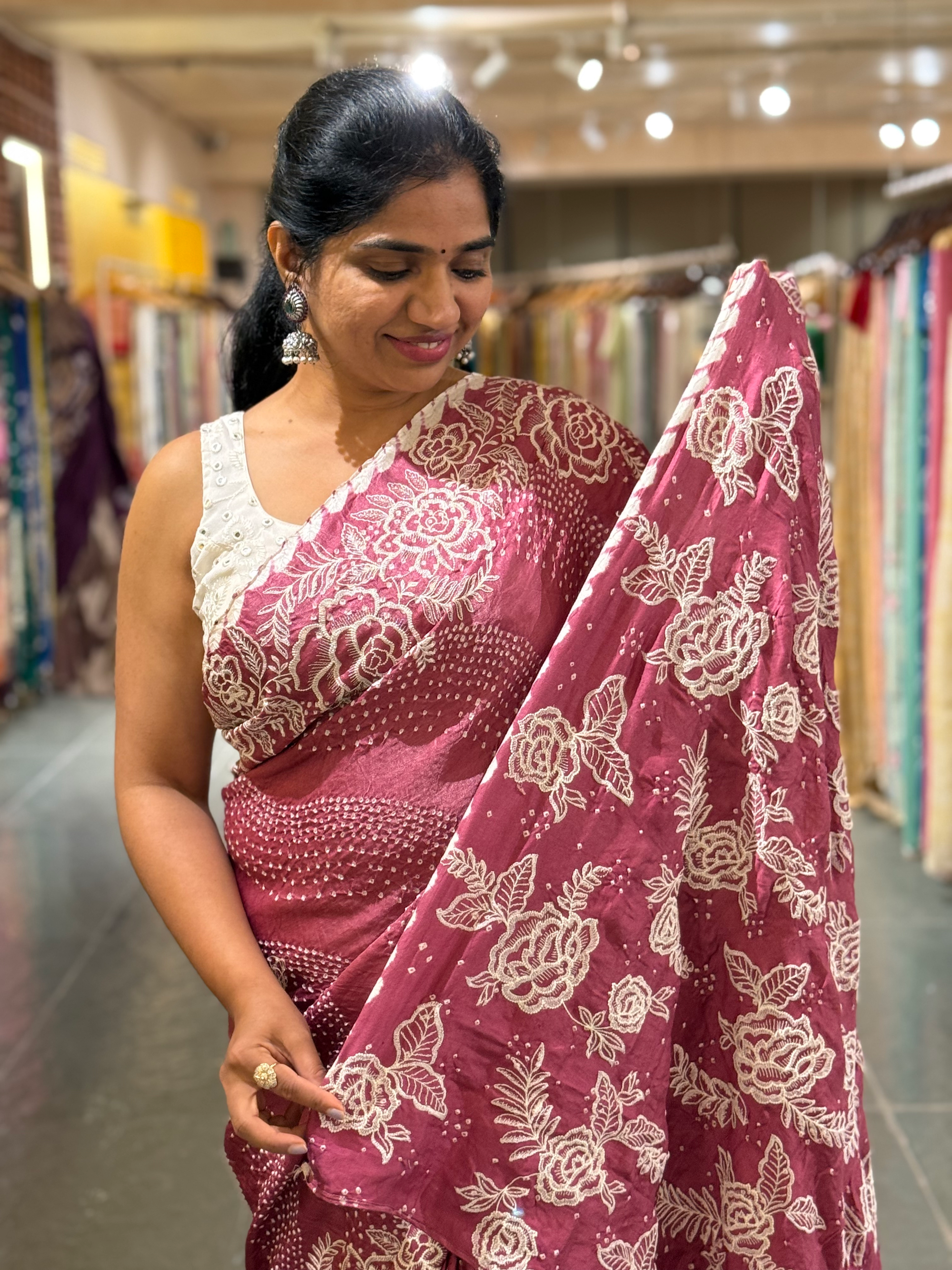 Dark Onion Pink Pure Gajji Silk Rai Bandhej Saree with Outline Embroidery