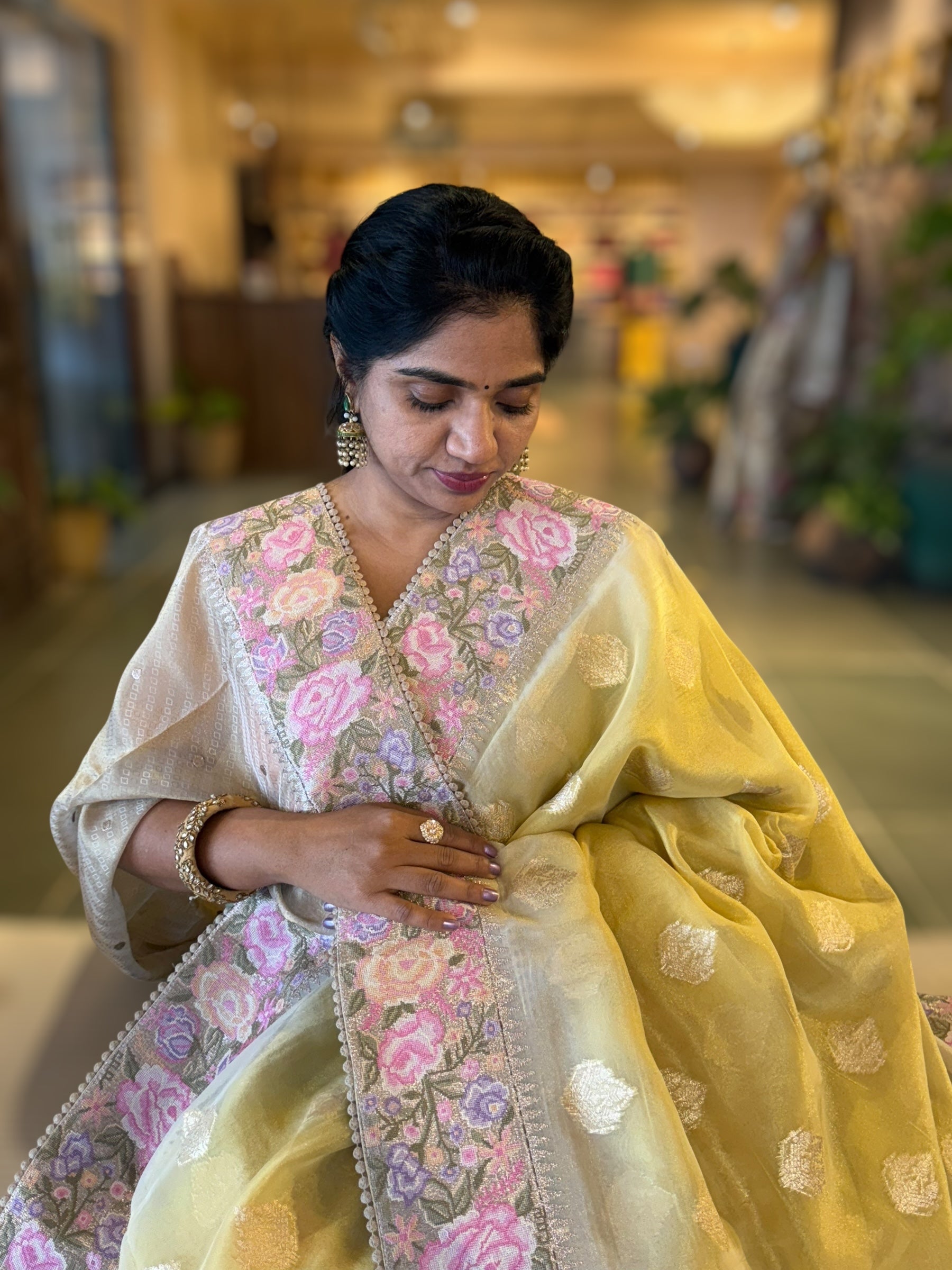 Pastel Yellow Banarasi Tissue Gorgette Saree Wth Petite Point Embroidered Border