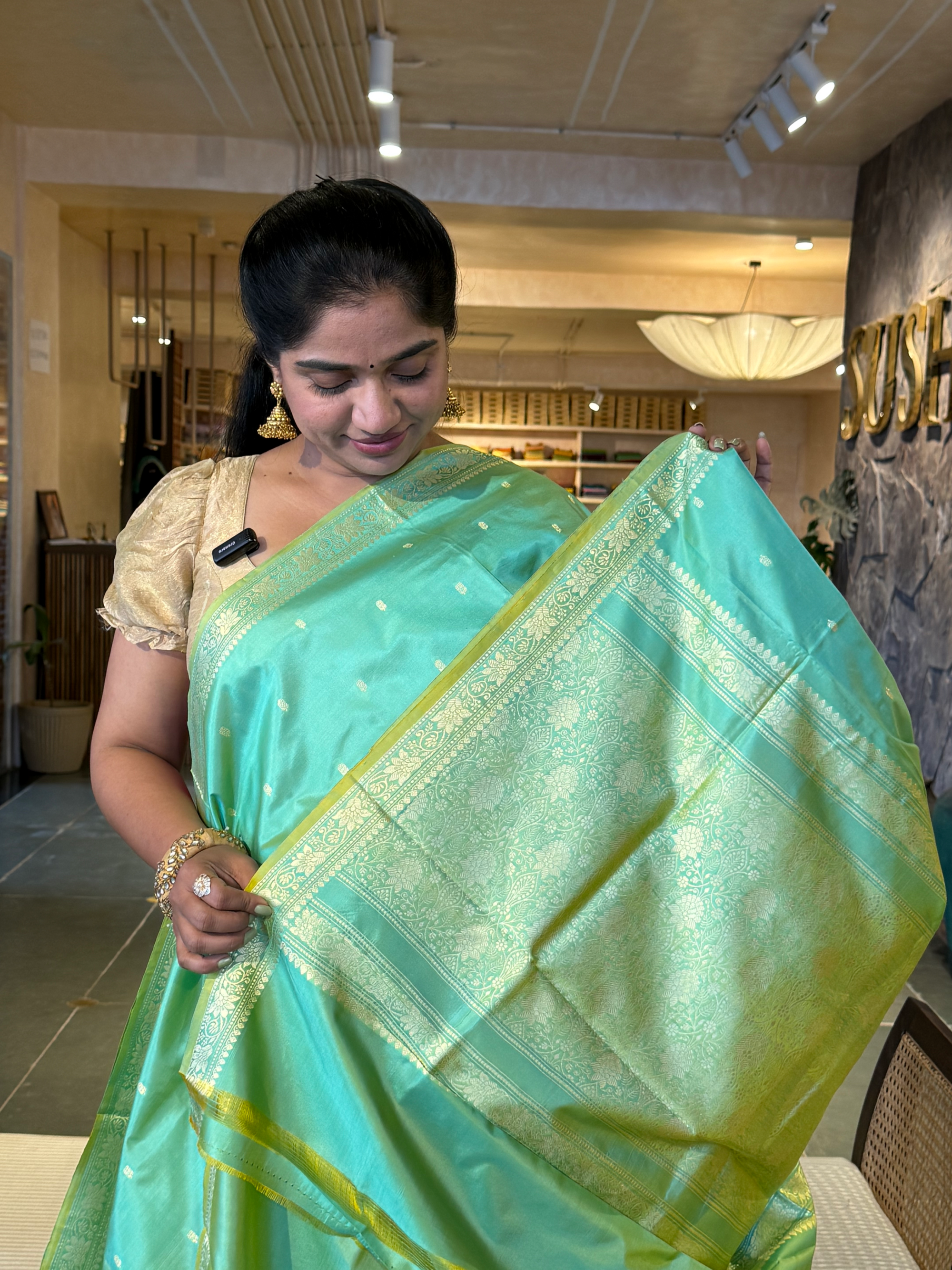 Sea Green & Yellow Dual tone Banarasi Handloom Katan Silk With Resham Weaving
