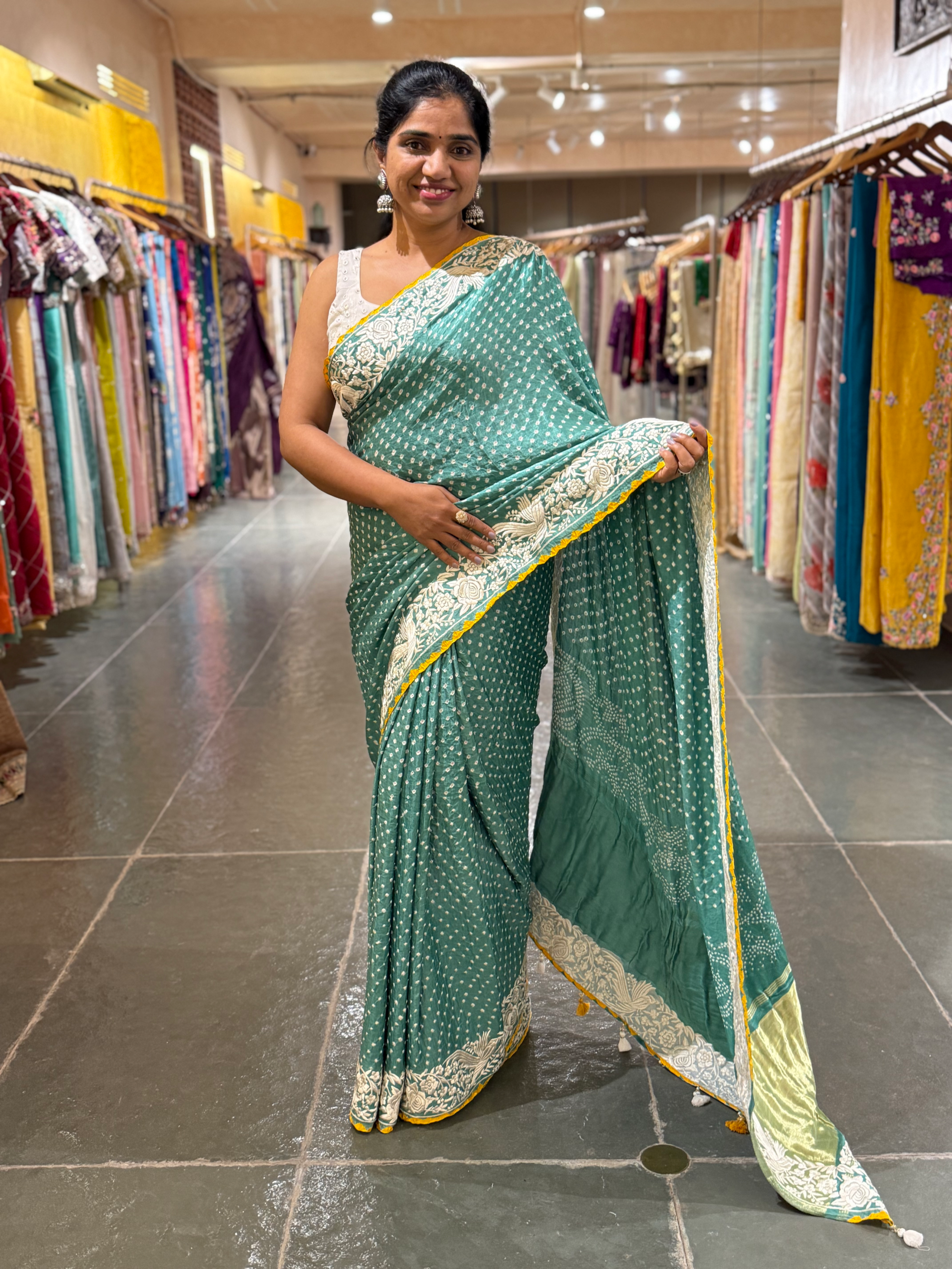 Teal Pure Gajji Silk Kutch Bandhej Saree with Parsi Gara Embroidery