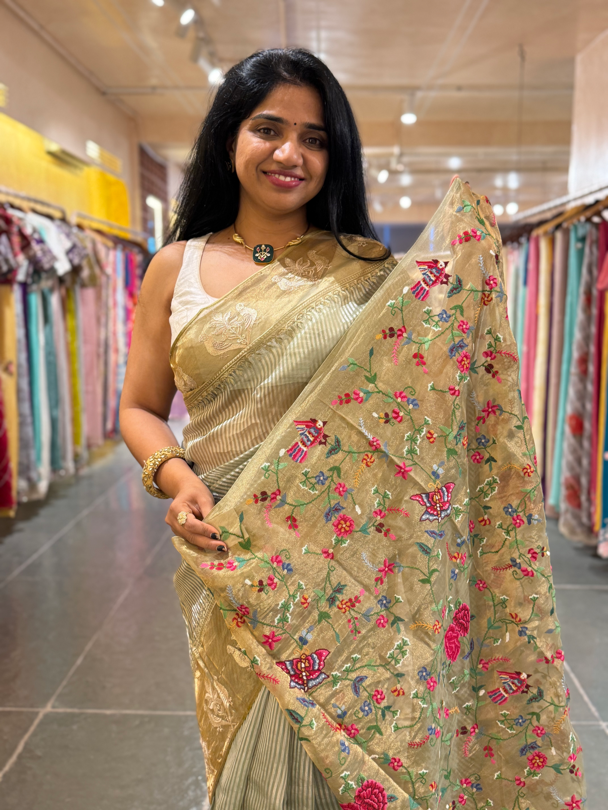 Sage Green Kora Tissue Silver Zari stripes saree wth tissue Embroidered Border
