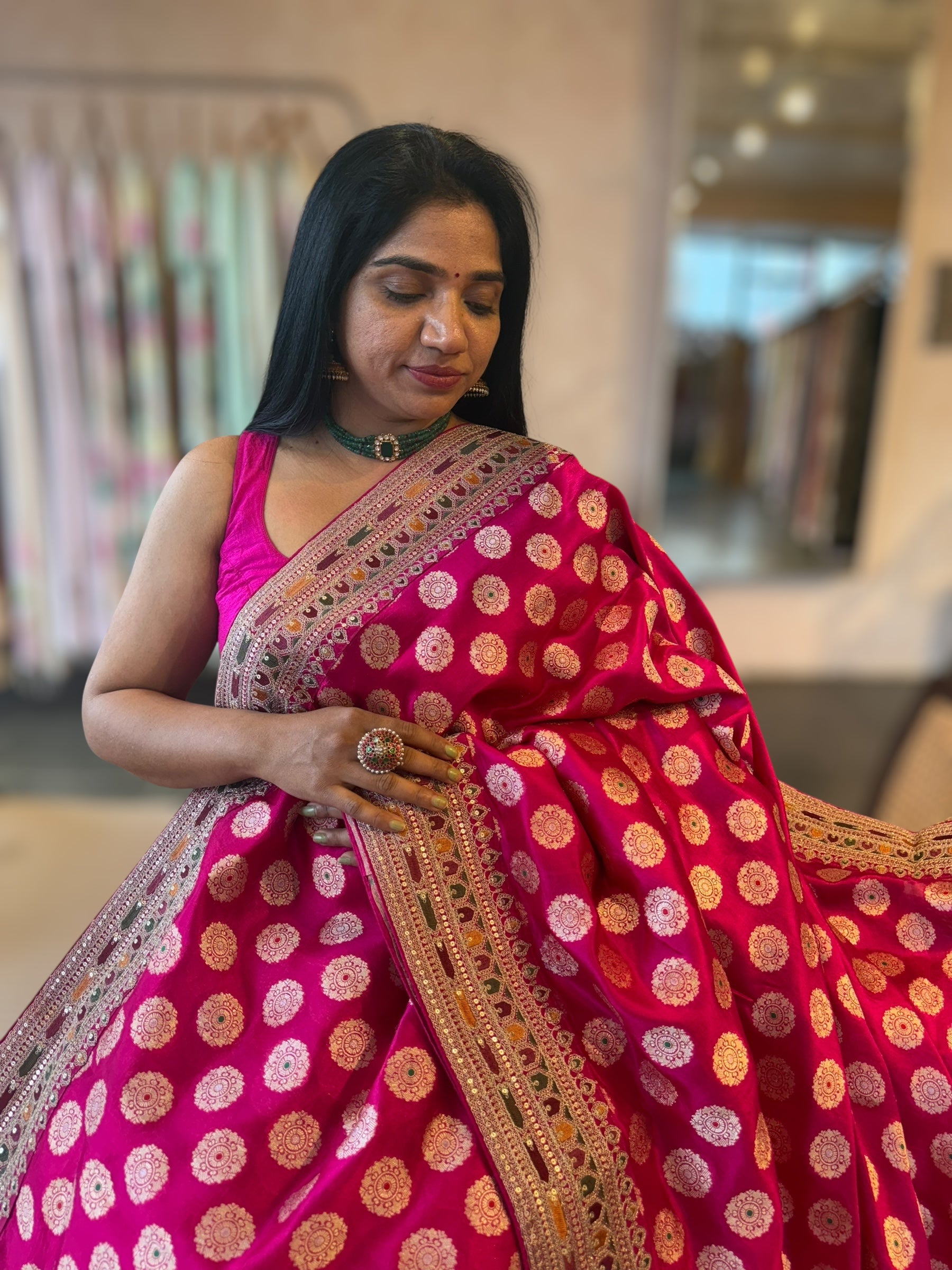 Rani Pink Banarasi Silk Saree  wth Chakra Meenakari Motifs & Sabhyasachi Borders