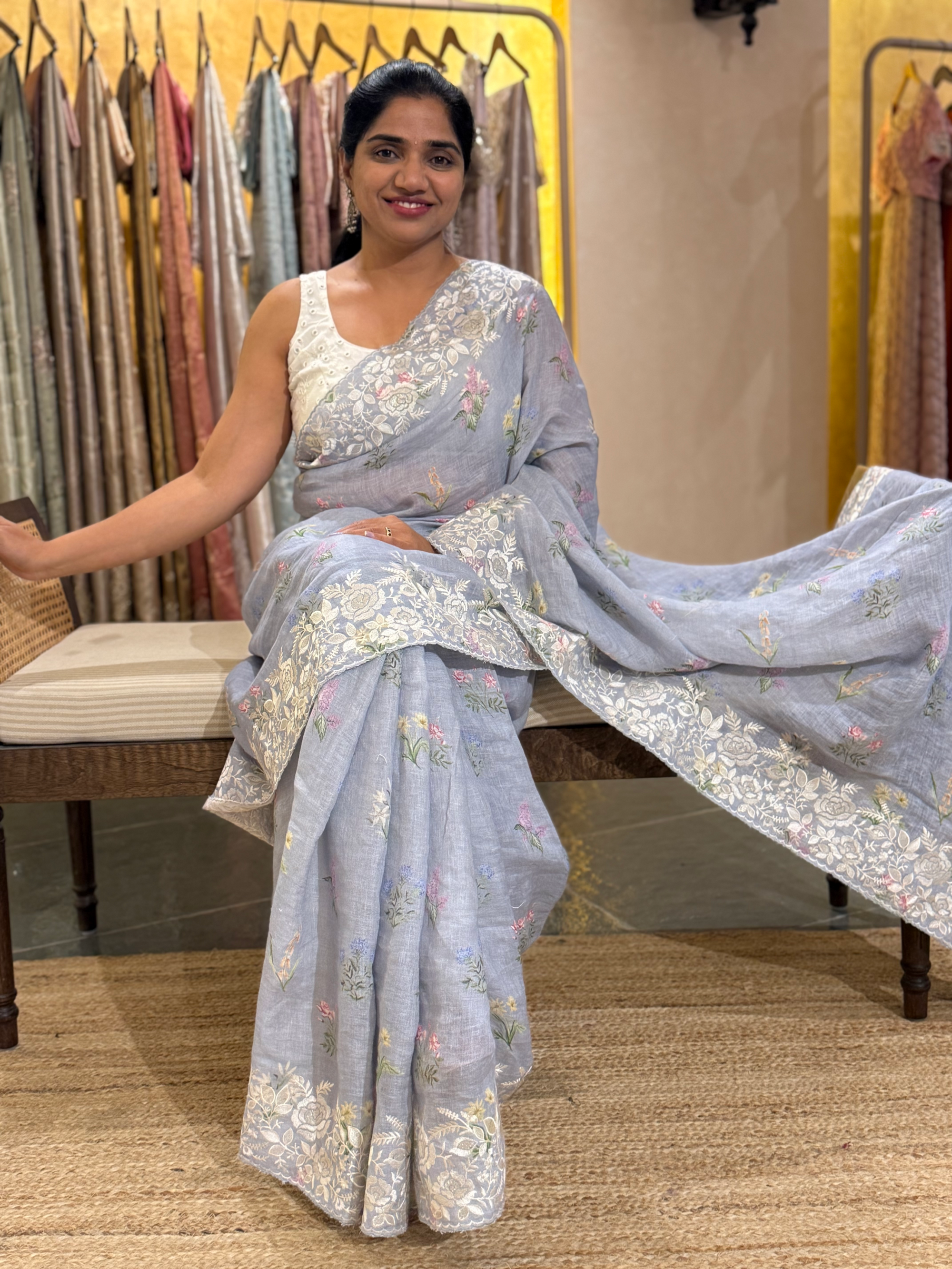Pure Handloom Lenin Print Saree With  Parsi Gara Style Embroidery