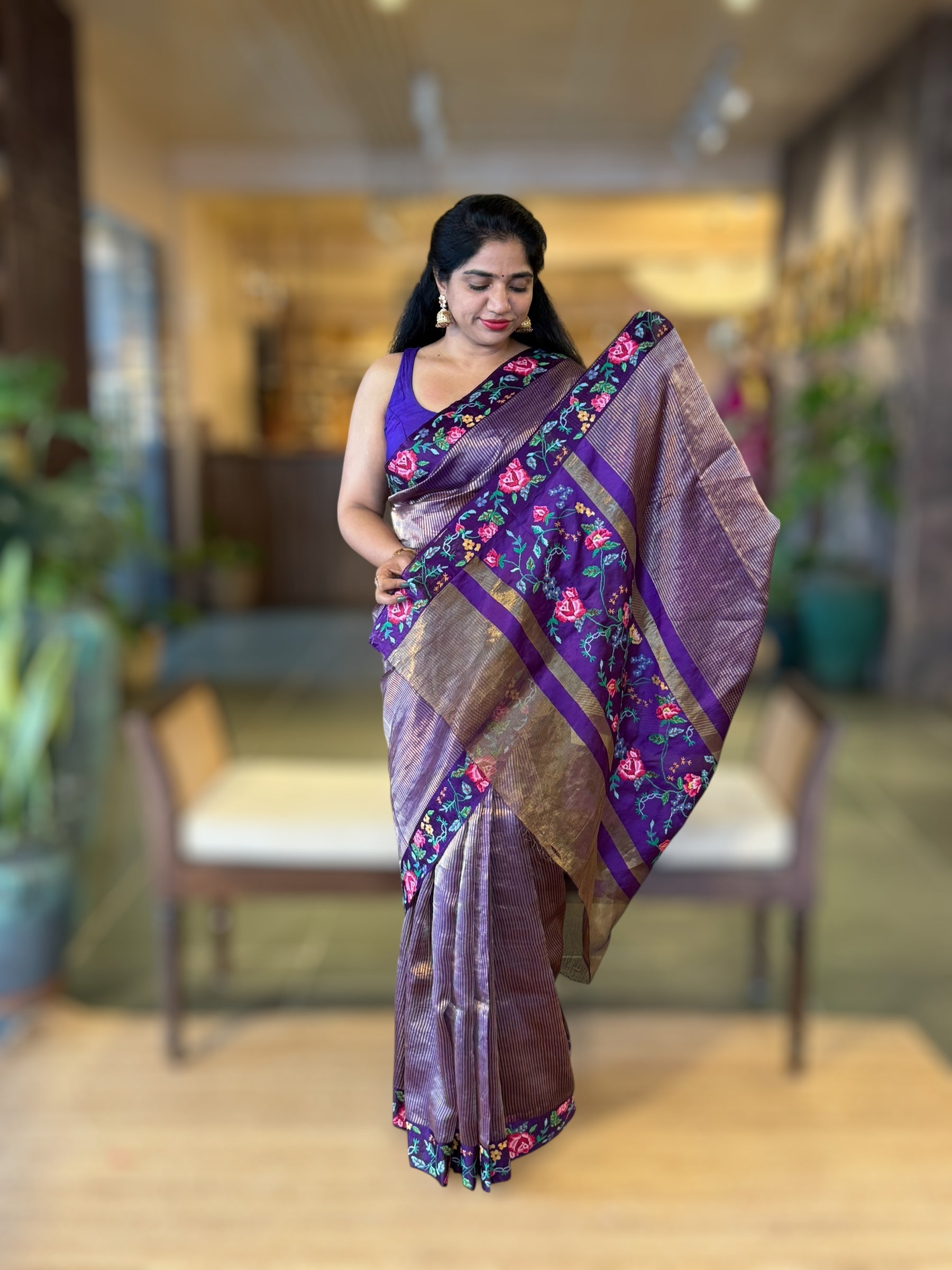 Violet Tissue Stripes Saree With  Petite Point Embroidered Border Pallu and BP
