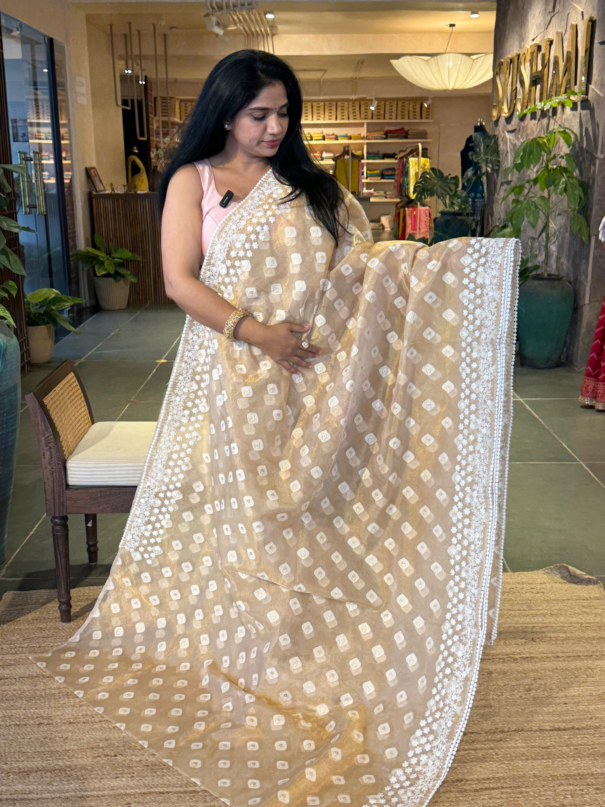 GTEA2003 : Pure Handloom Gold Tissue Saree With handwork borders