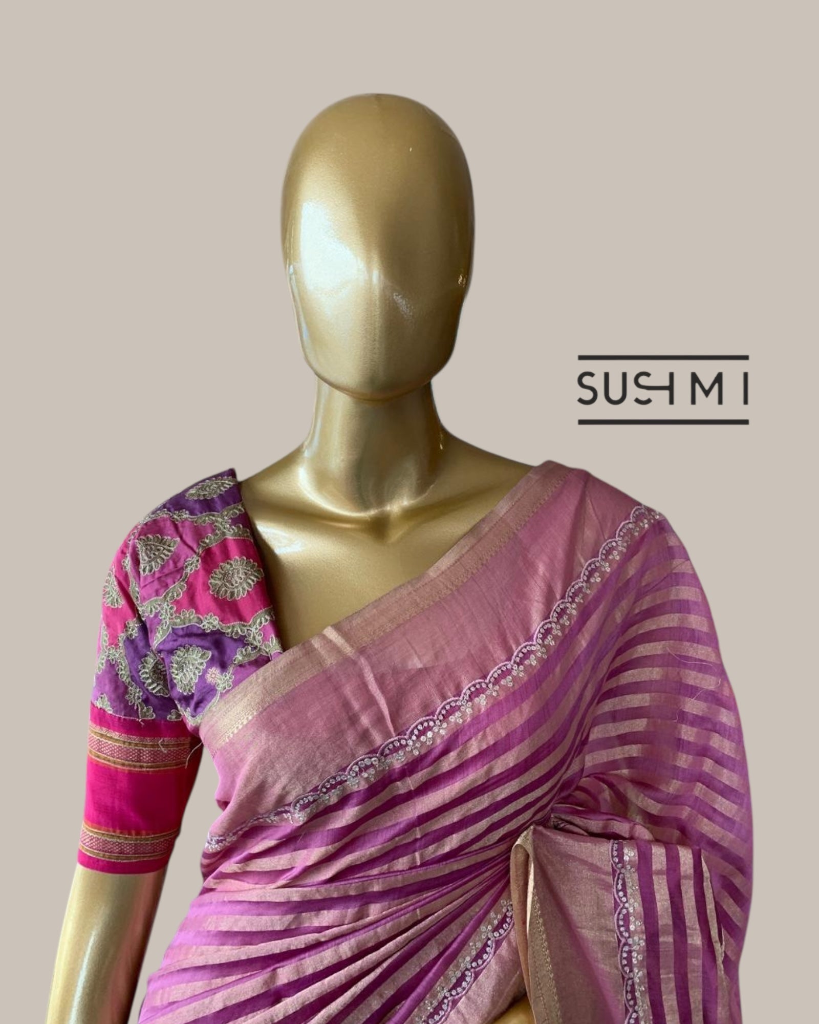 Chanderi Tissue Stripes Saree With Pitawork Scallop Borer