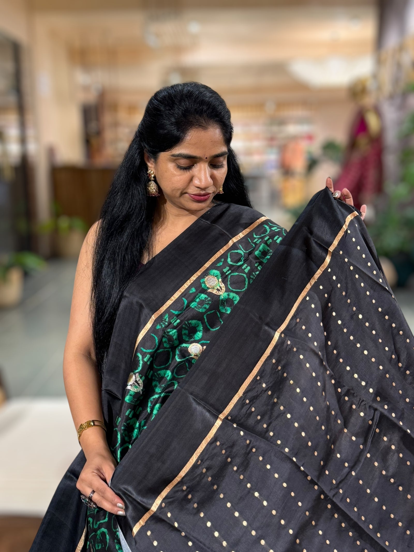Black Kanchi Soft Silk with Allover Batik Print