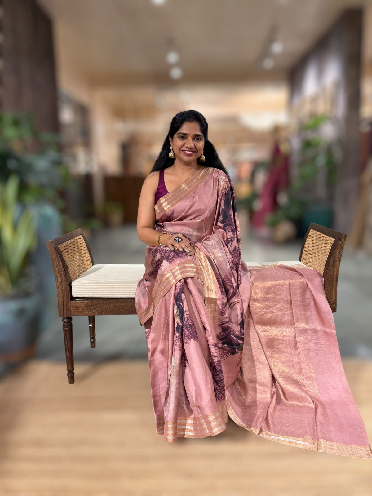 Onion Pink Printed Kanchi Soft Silk Saree with Bold Rose Flower Print.