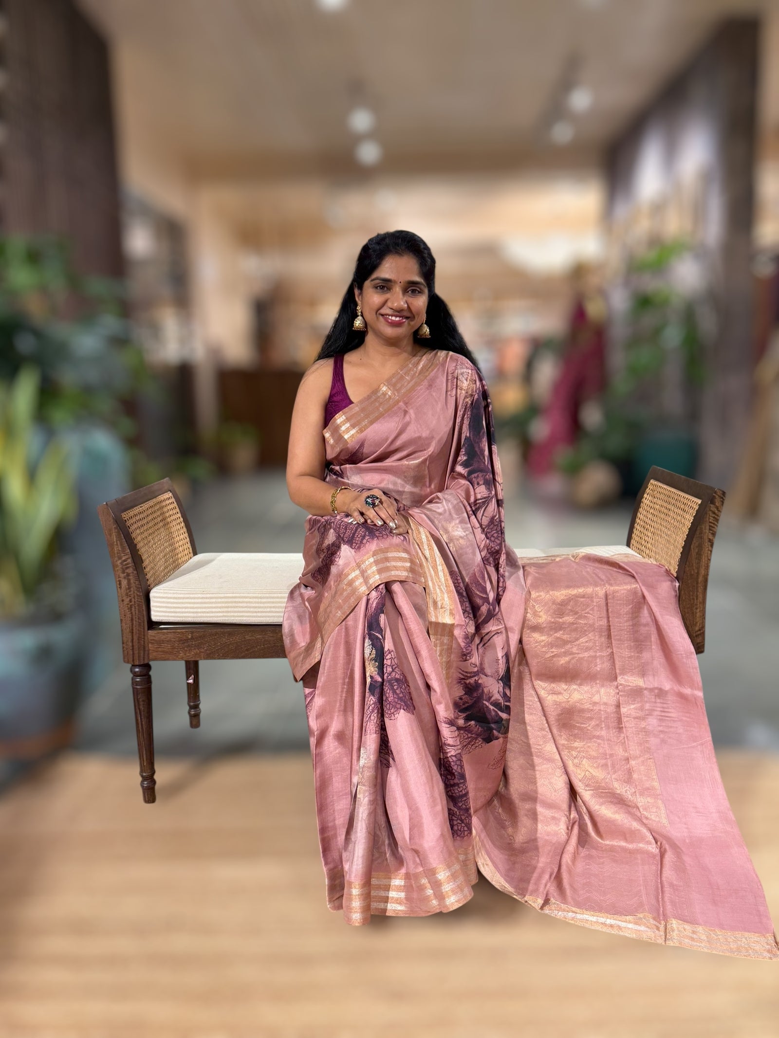 Onion Pink Printed Kanchi Soft Silk Saree with Bold Rose Flower Print.