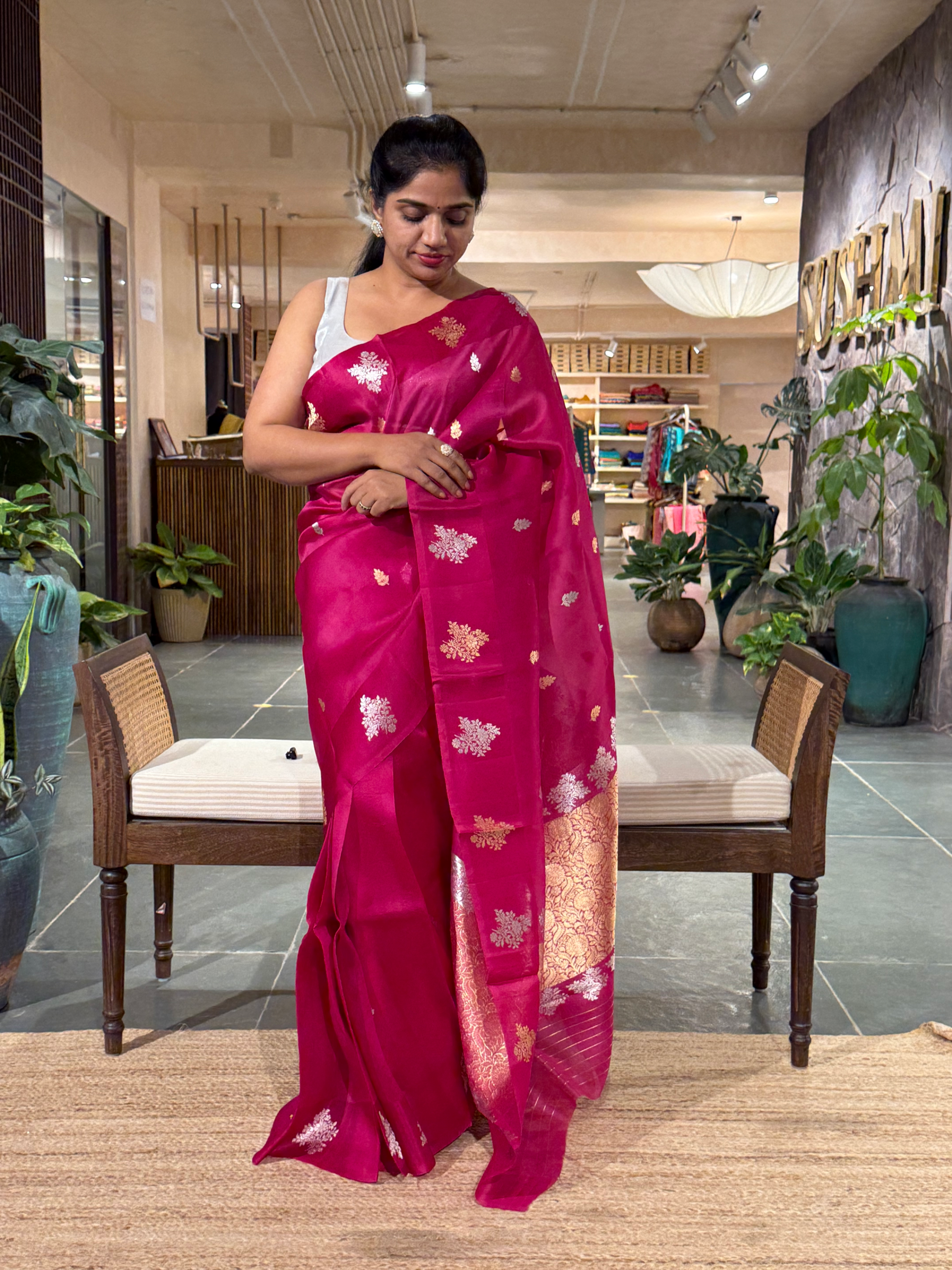 Rani Pink Kora Banarasi Handloom Silk Saree with Sona Rupa Kaduwa Weaving