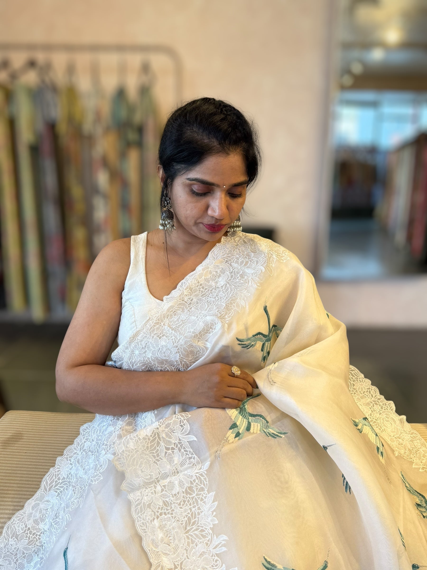 Ivory Organza Saree with Cutwork Borders & Blue Cranes