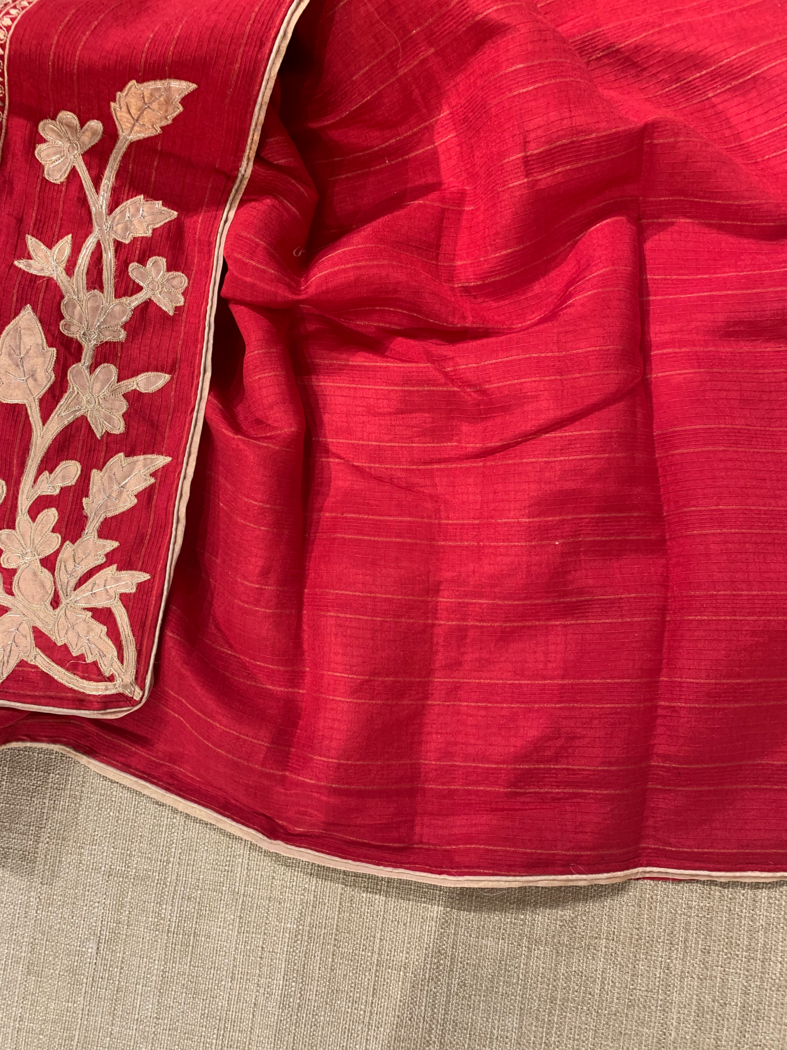 Red Chiniya Silk Saree with Embroidery Border & Applique Creeper Pallu