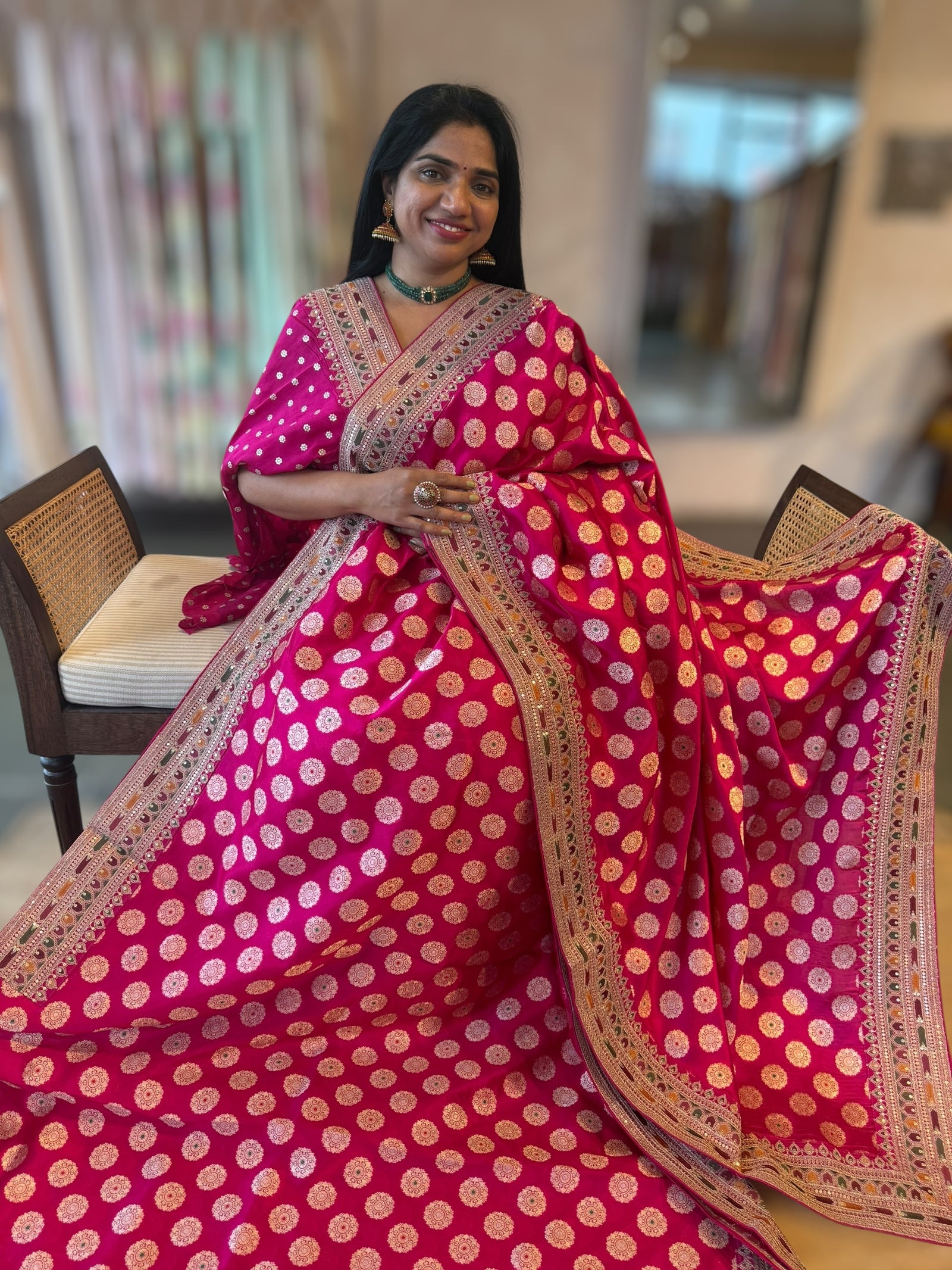 Rani Pink Banarasi Silk Saree  wth Chakra Meenakari Motifs & Sabhyasachi Borders