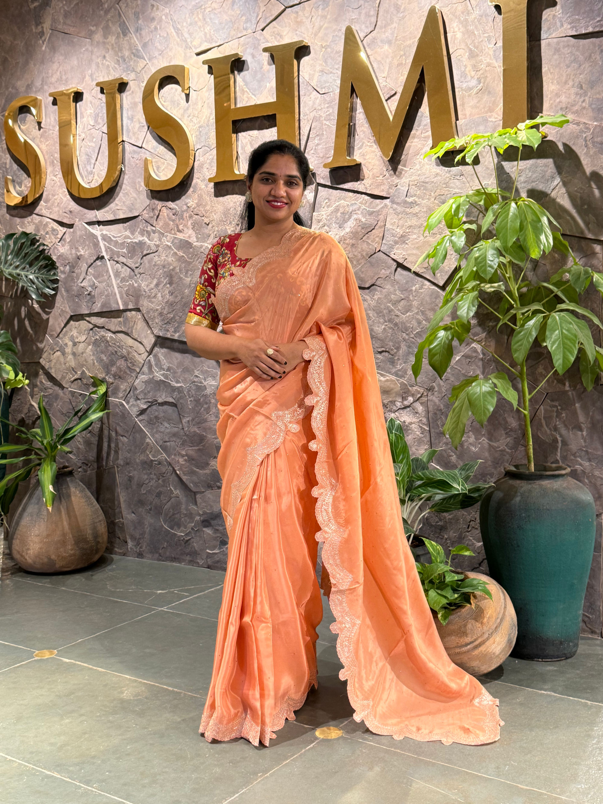 Peach Crepe Silk Saree With Pita Work Scallop Border & Pure Silk Printed Blouse