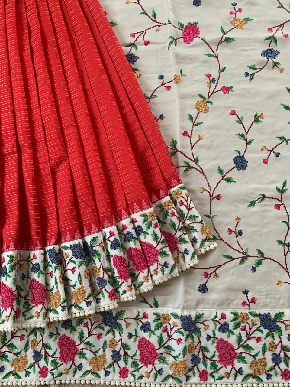 Red Kanchi Soft Silk Saree With Petite Point Embroidered Border Pallu & Blouse