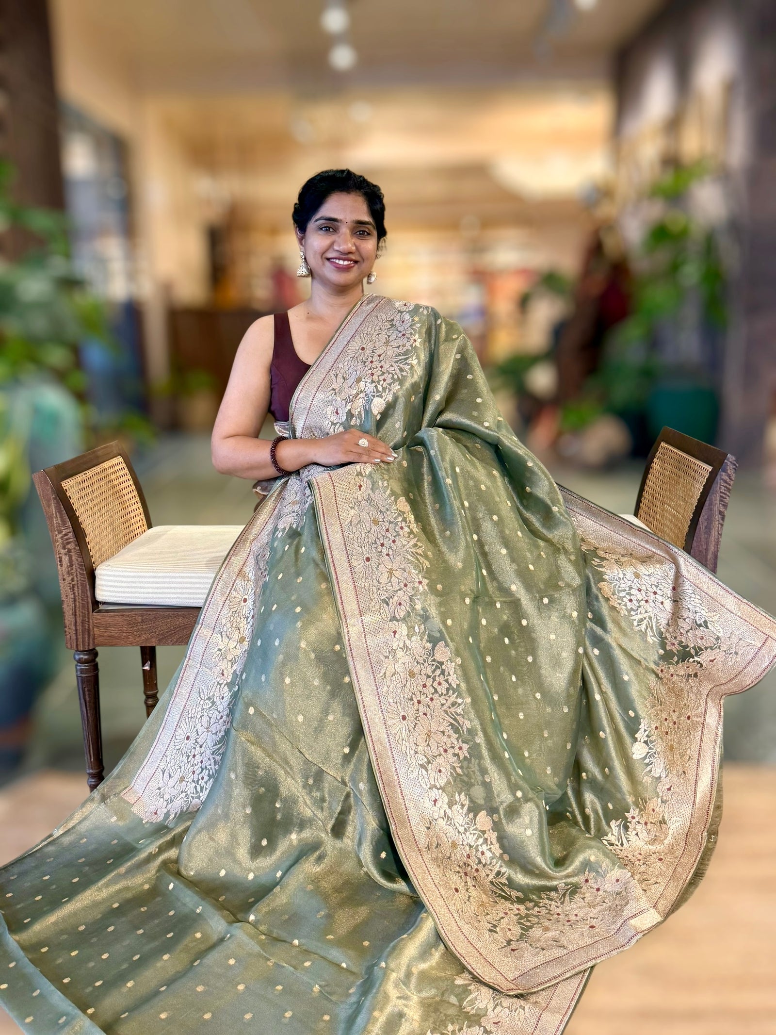 Green Banarasi Tissue Saree With Heavy Tissue Embriodered Border & Stripes BP