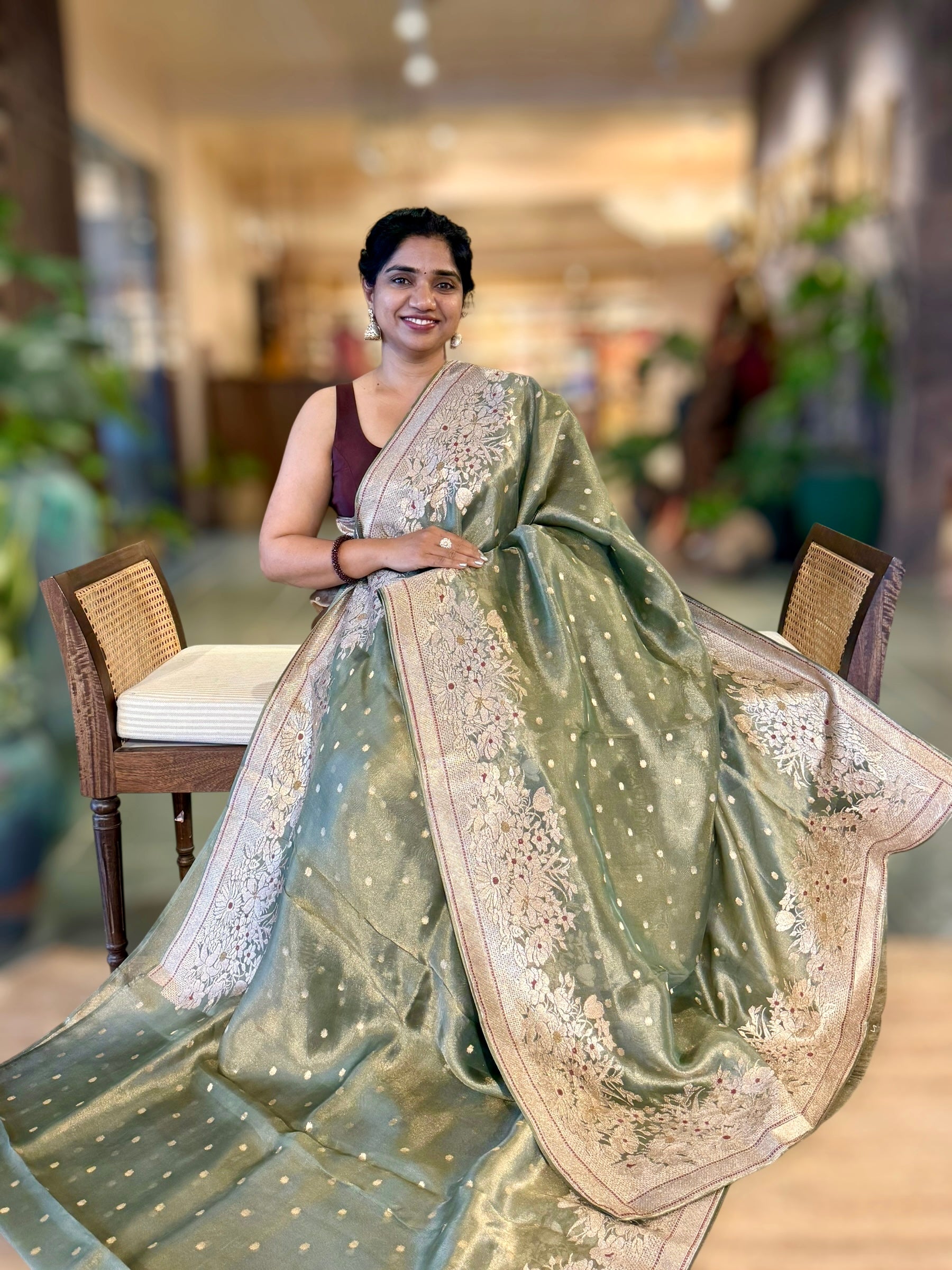 Green Banarasi Tissue Saree With Heavy Tissue Embriodered Border & Stripes BP