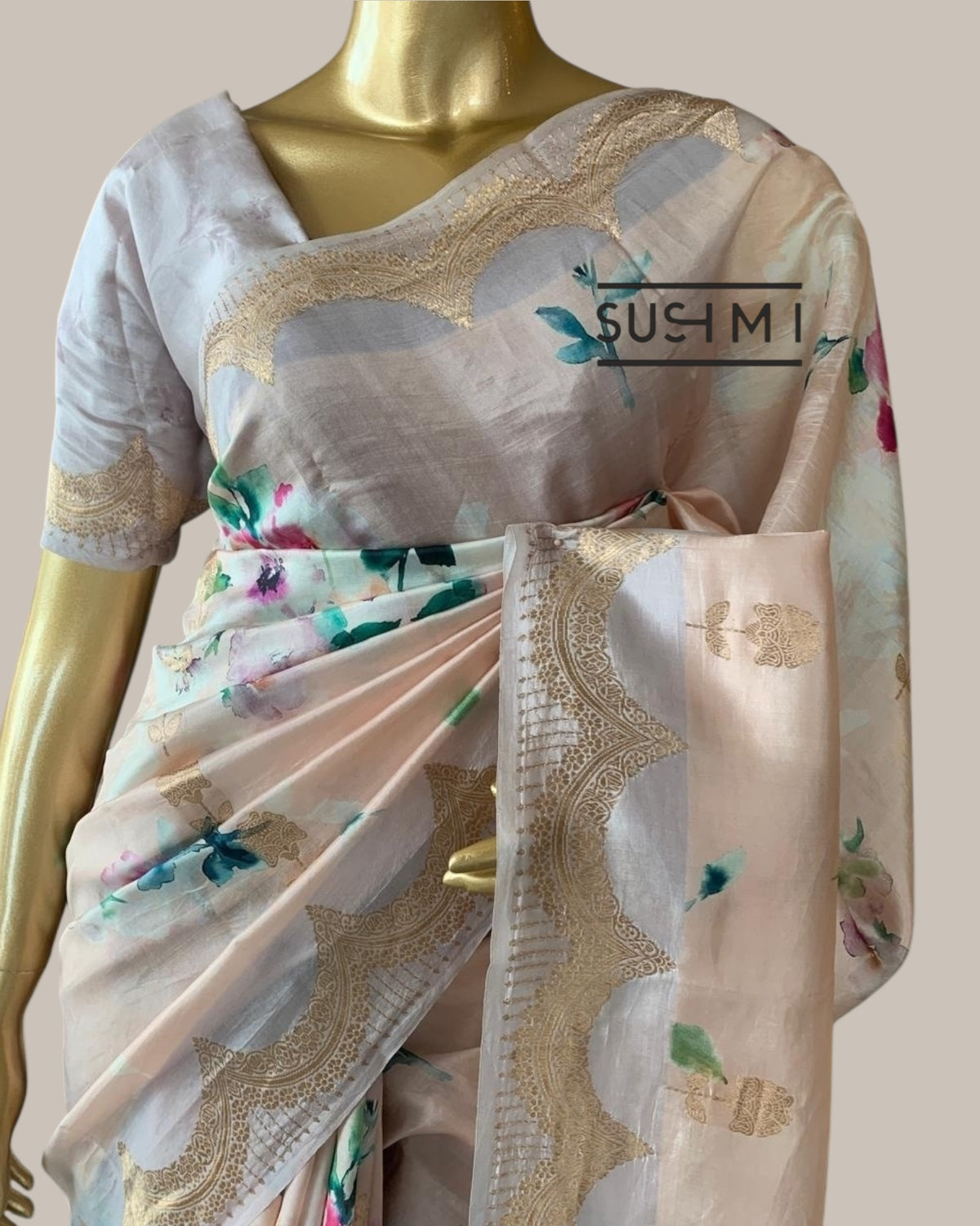 Banarasi Soft Silk Printed Saree With Scalloped Woven Zari Border