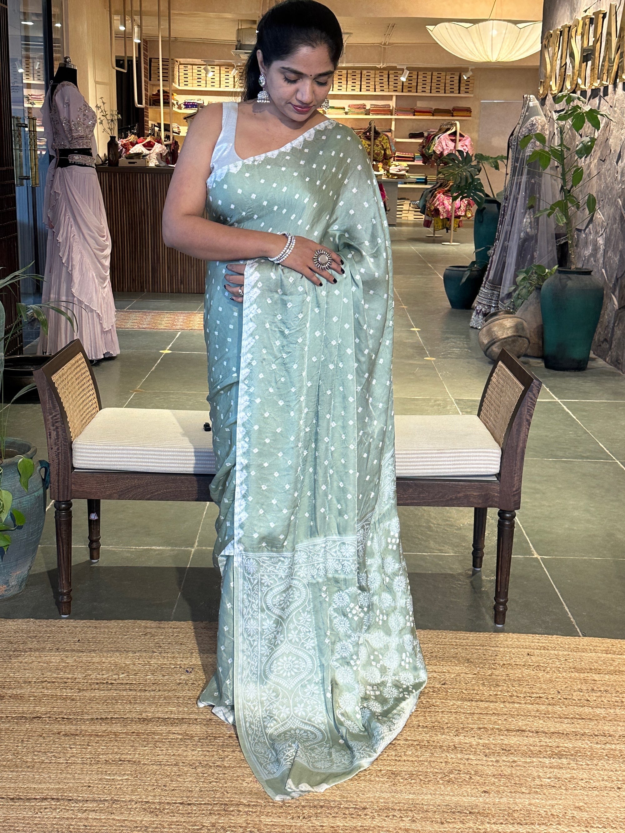 Bandhini and Chikankari Fusion Saree