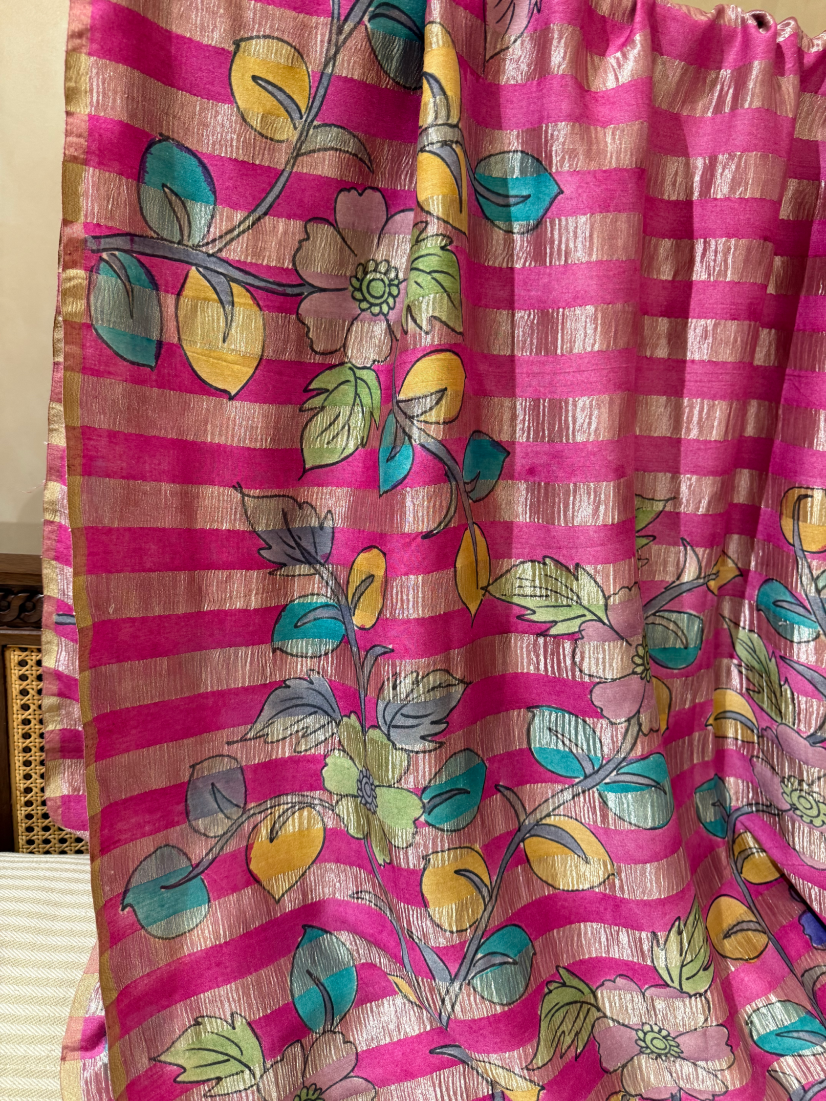 SMTKM1710 Pure Handloom Munga Silk Wth Tissue Stripes & kalamkari Handpainting
