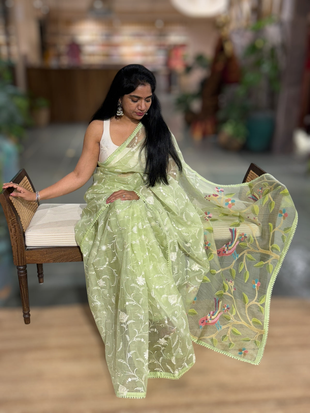 Pista  Green Pure Handloom Muslin Saree with Allover chikankari & Jamdnai Pallu