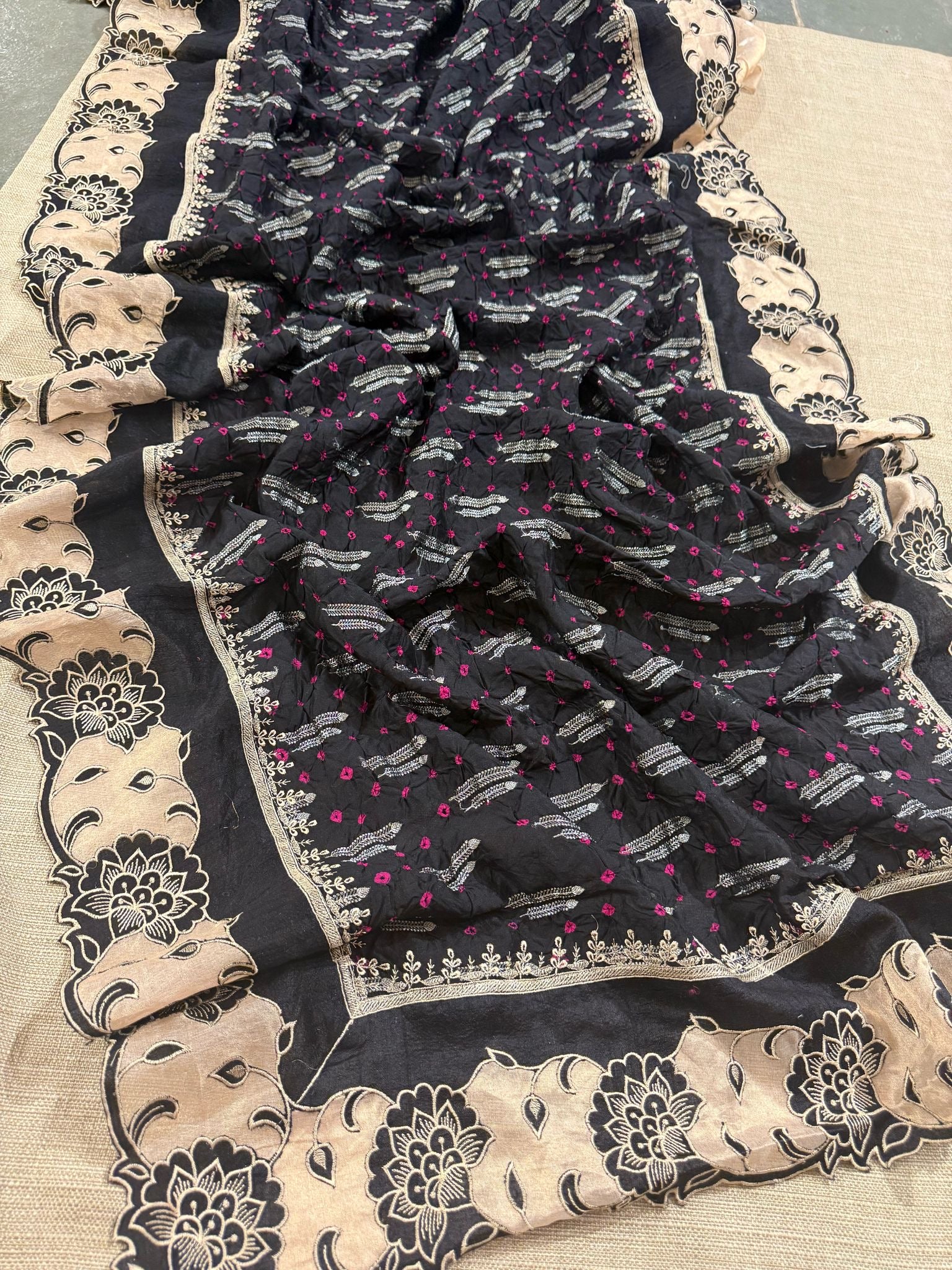 Banarasi Handloom Chiniya Silk Bandhini with Tissue Applique