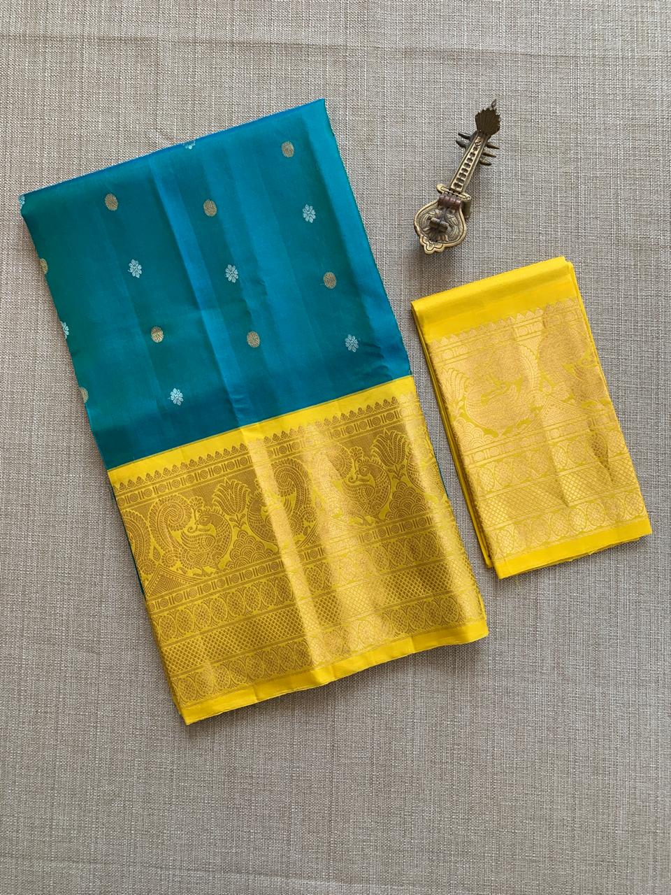 SGSA206 Peacock Blue and yellow Combo Gadwal Handloom Pure Silk Saree