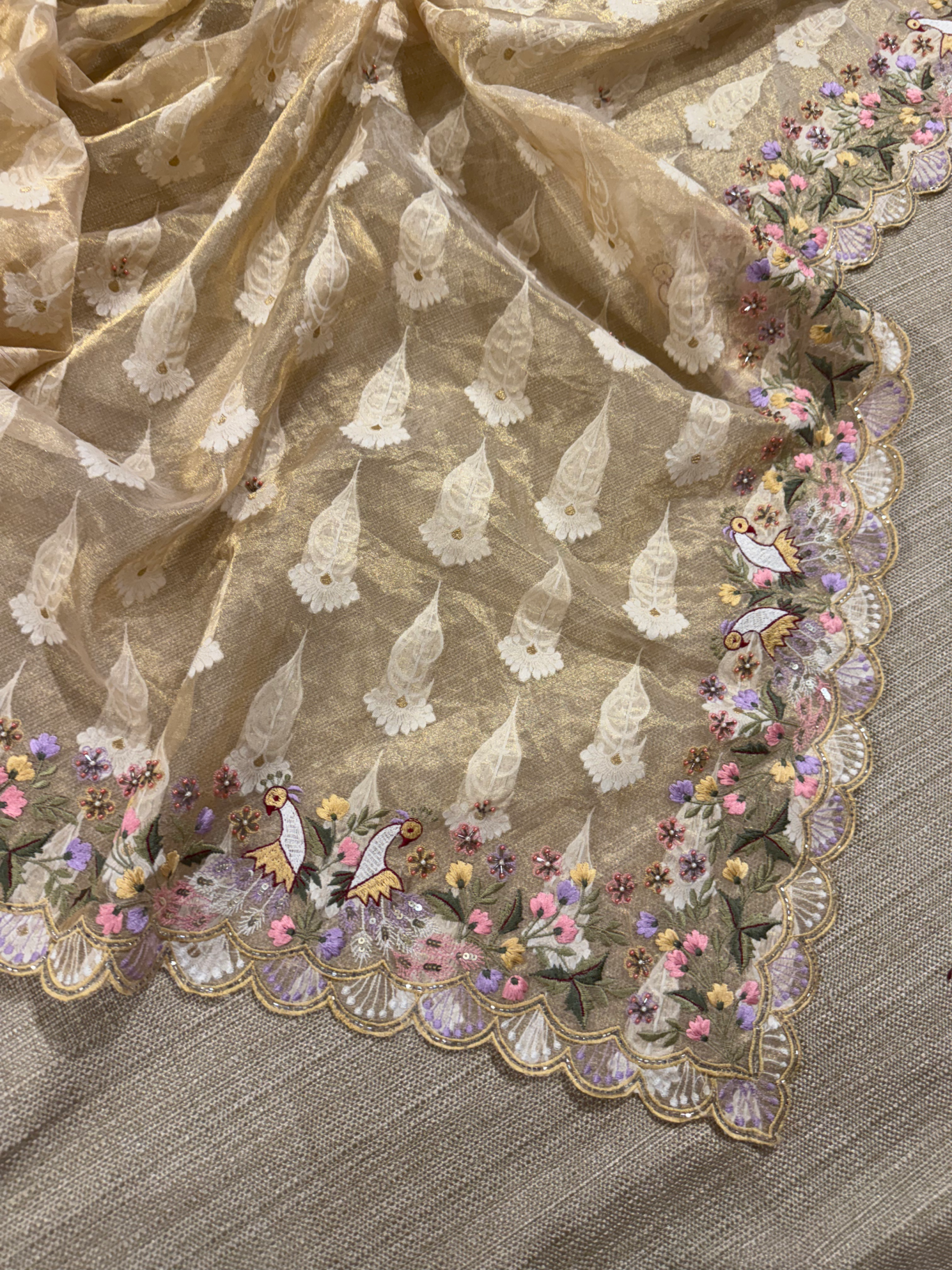 GTEA2002 : Pure Handloom Gold Tissue Saree With handwork borders and blouse