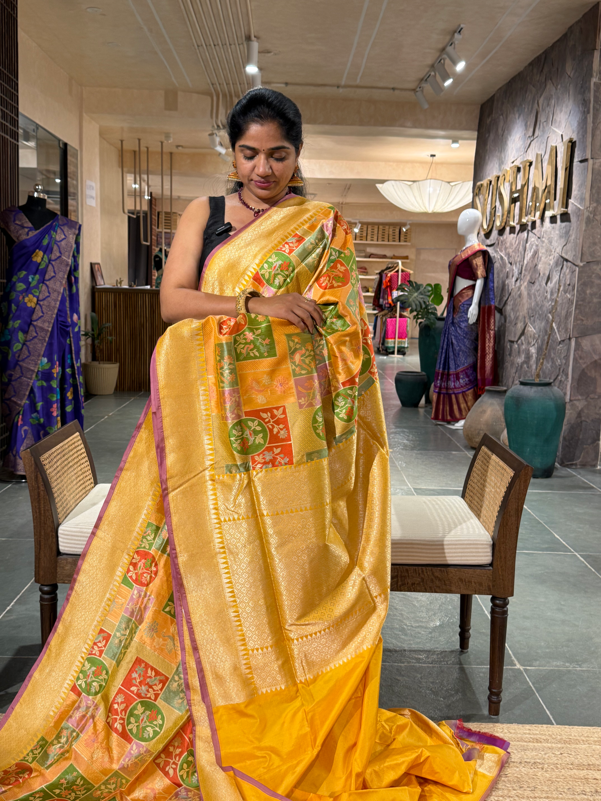 Mustard Designer Rangkaat Banarasi Katan Silk Saree