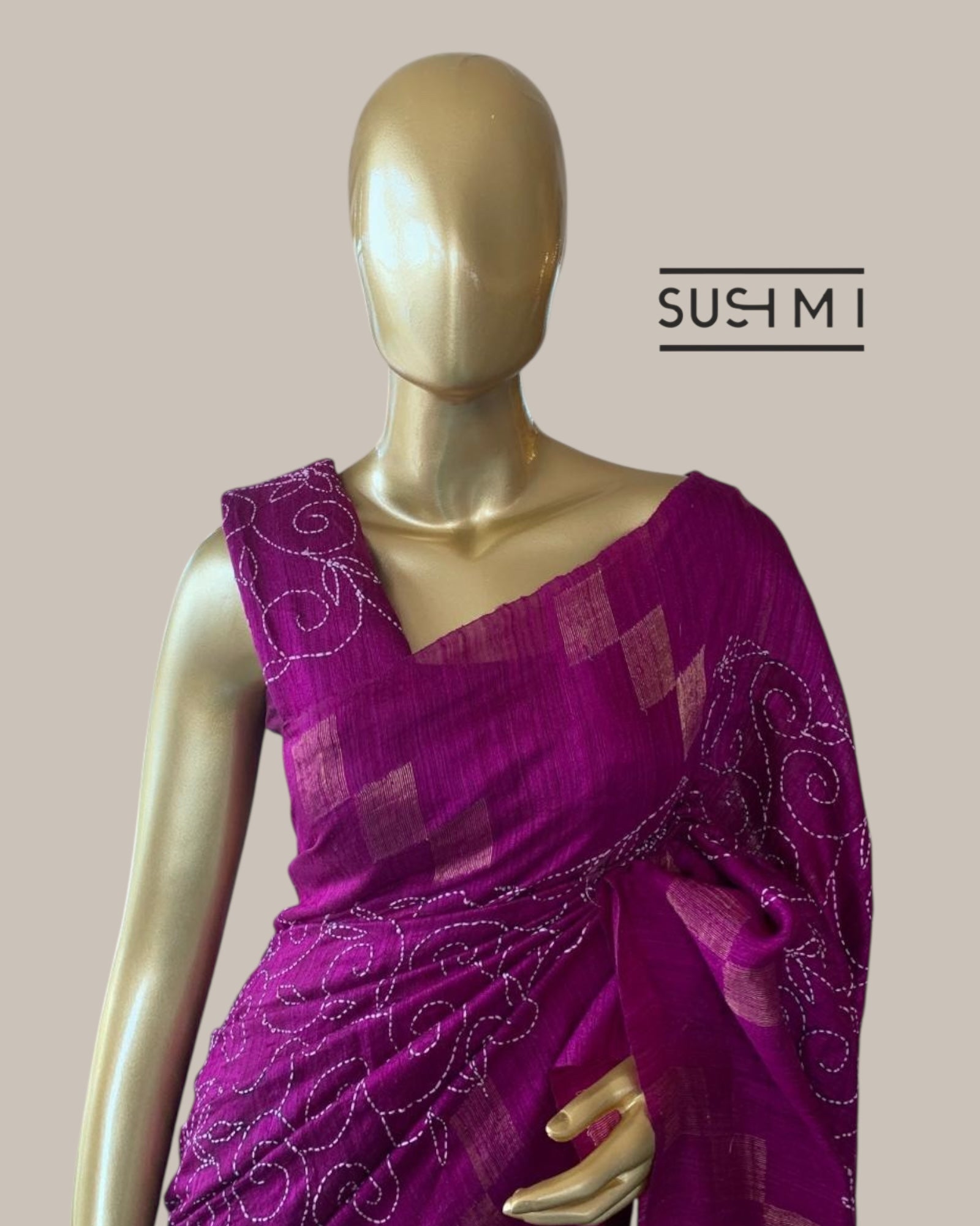 Majenta Makta Tussar Saree with Jamdani weaving and allover hand katha work