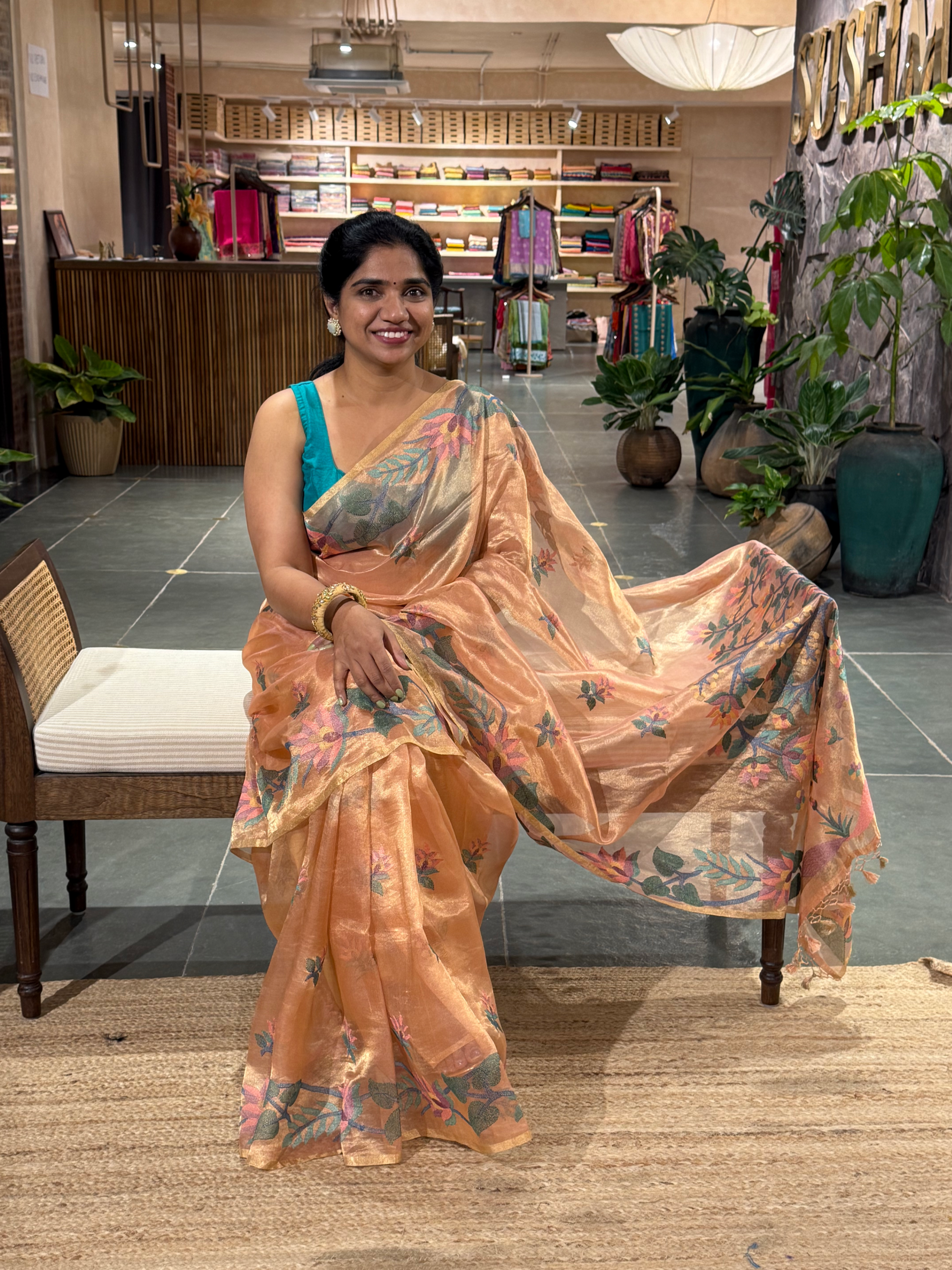 STJA207 : Peach Tissue With Jamdani Look Embroidery