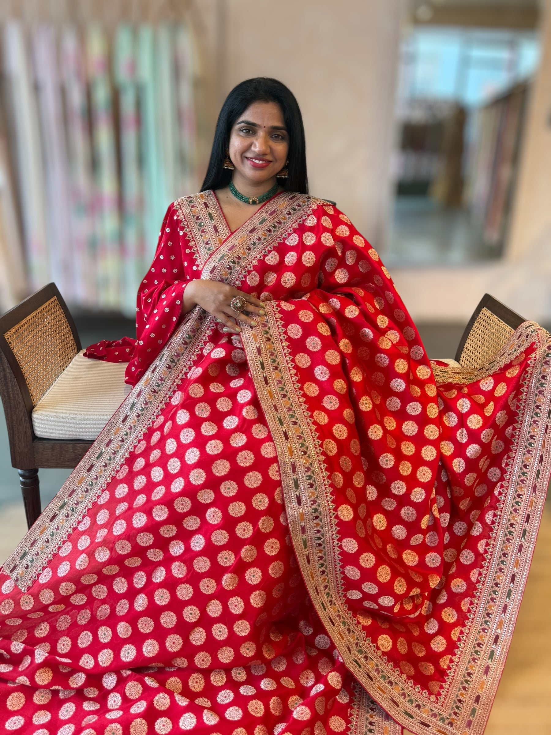 Chilli Red Banarasi Silk Saree Wth Chakra Meenakari Motifs & Sabhyasachi Borders