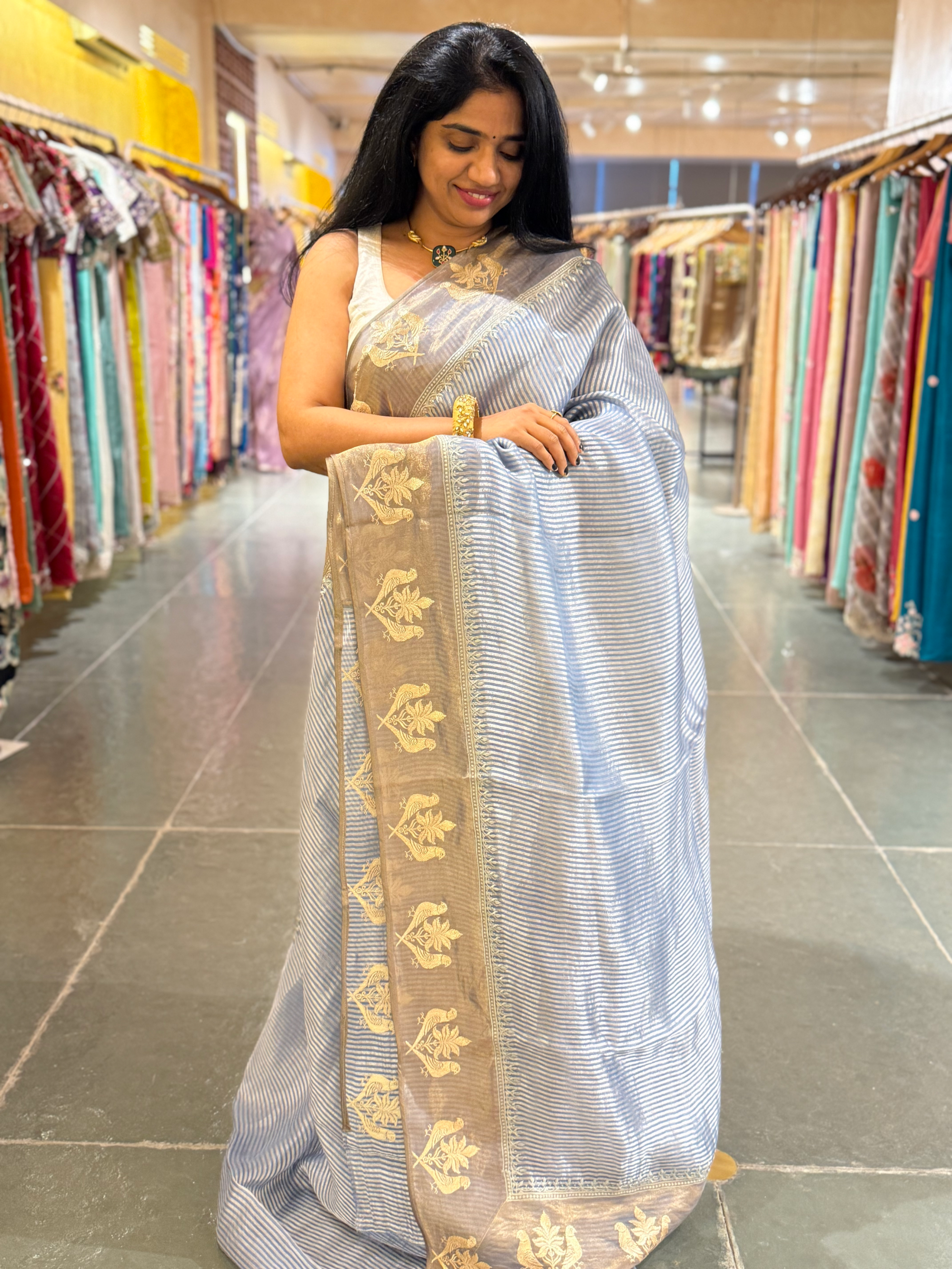 Corn Flower Blue Kora Tissue stripes saree wth tissue Embroidered Border