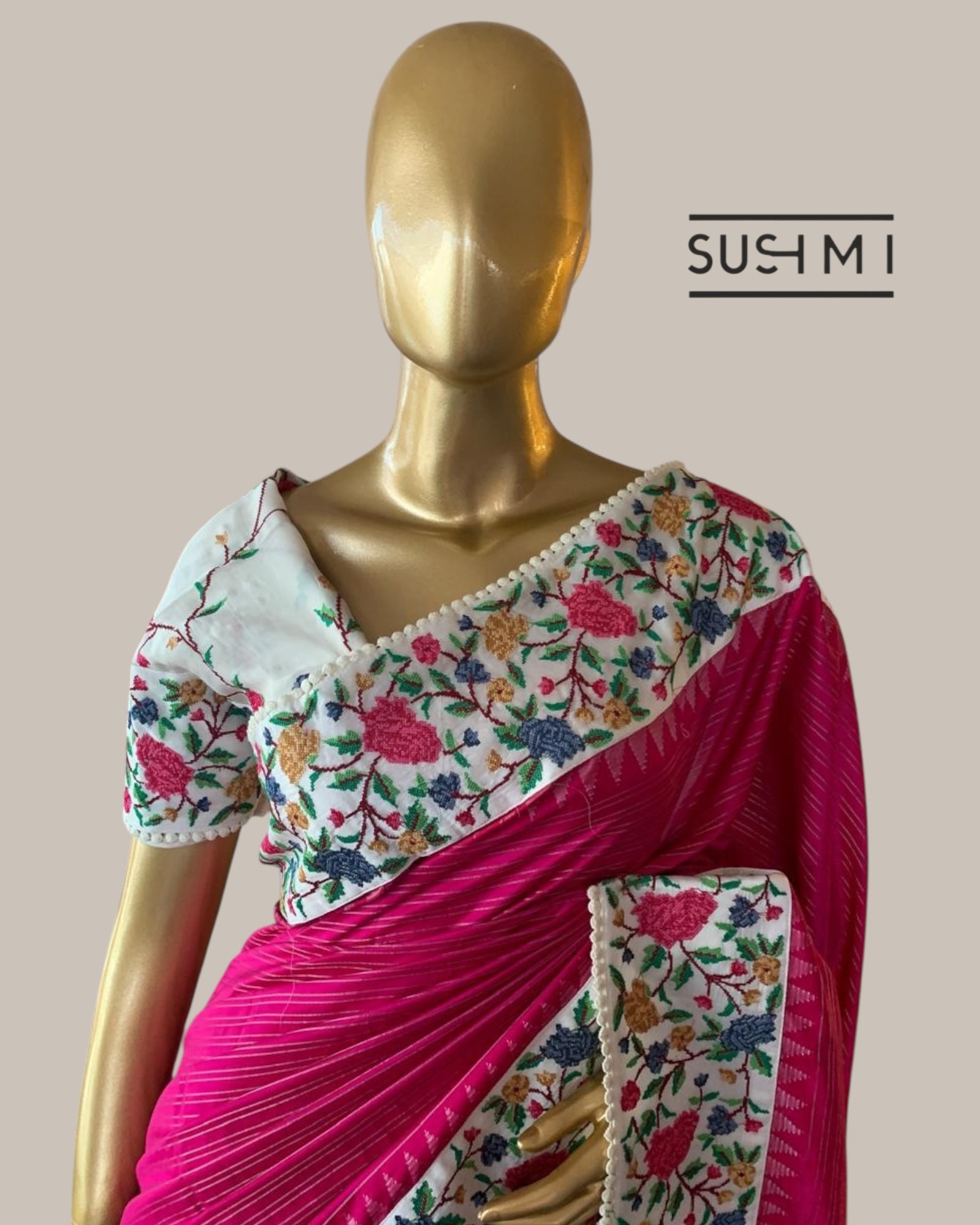 Pink Kanchi Soft Silk Saree With Petite Point Embroidered Border Pallu & Blouse