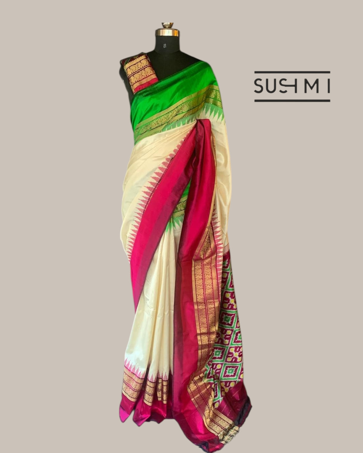 Pure Handloom Twill Ikkath Kanchi Saree With Ganga Jamuna Borders