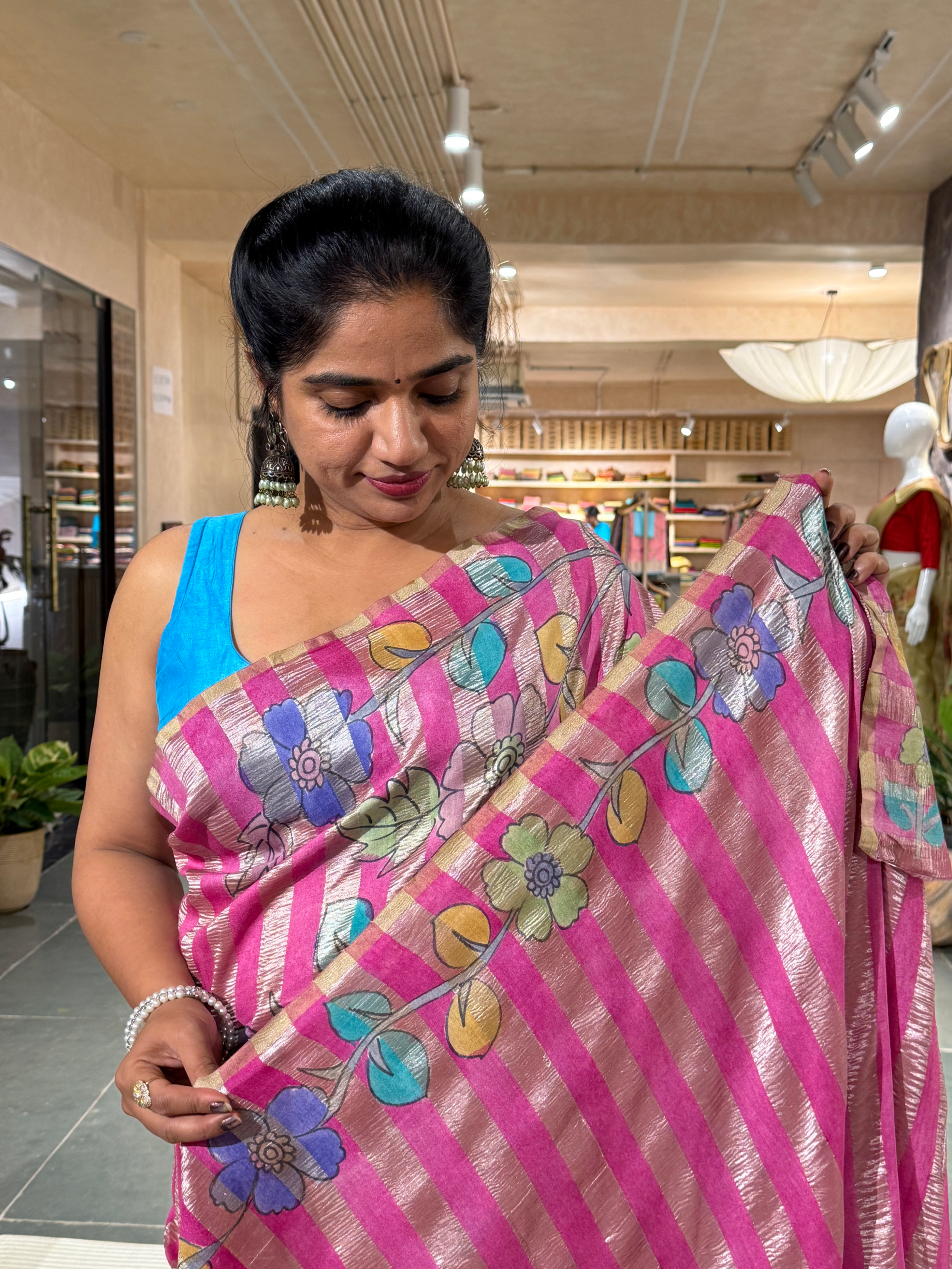 SMTKM1710 Pure Handloom Munga Silk Wth Tissue Stripes & kalamkari Handpainting