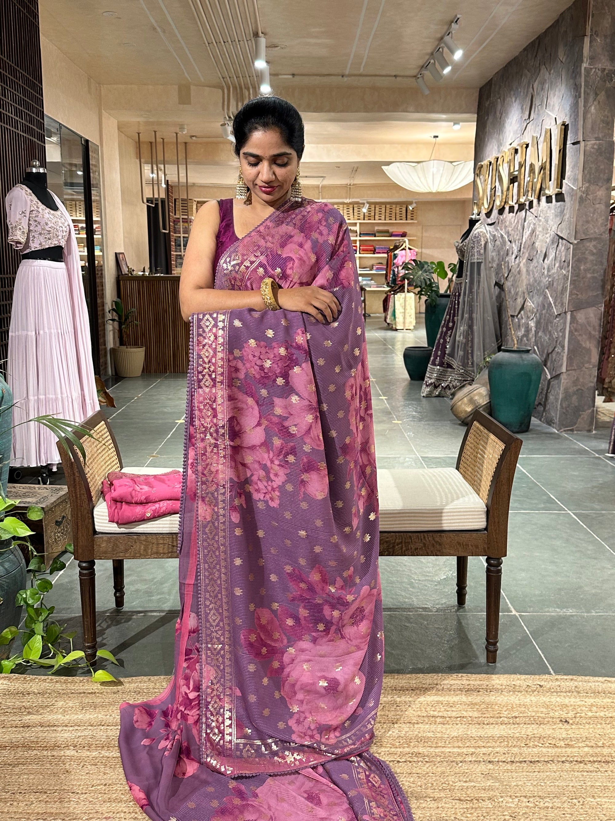 Pure Gorgette Sequnce Saree In Sabhyasachi Style With Statement Floral Print