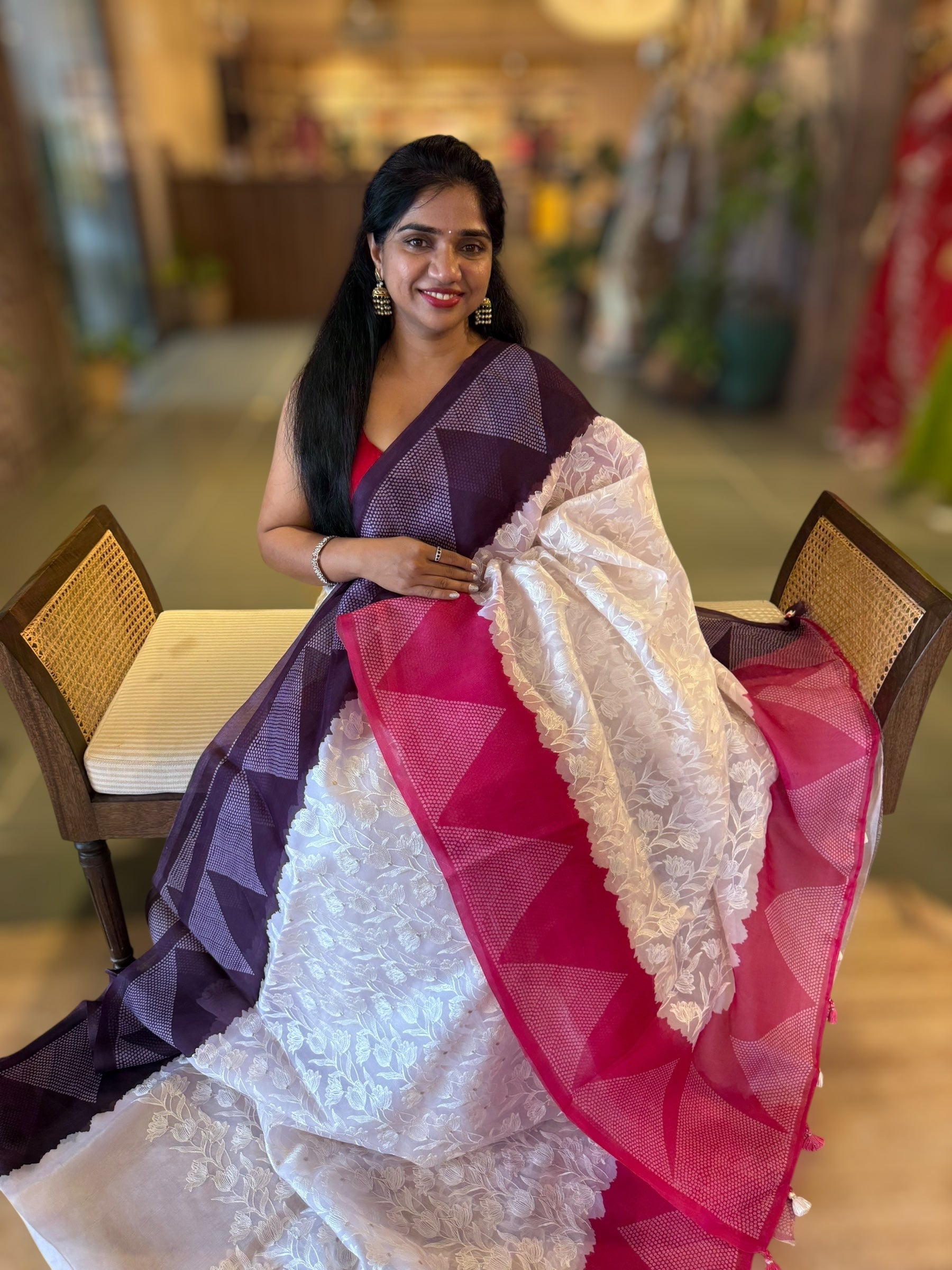 Organza Chikankari Embroidery Saree With Ganga Jamuna Bandhini Temple Borders
