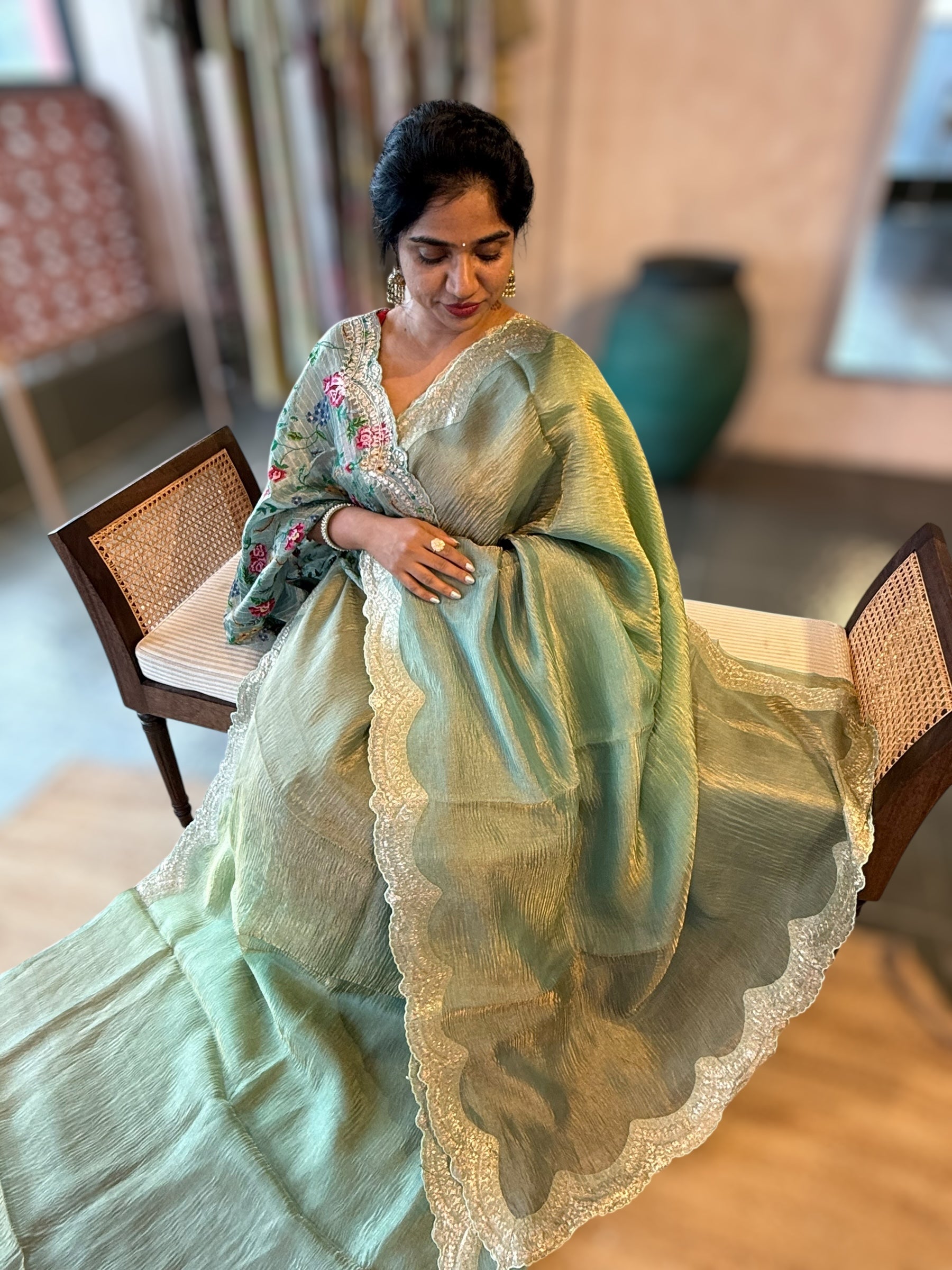 Ombre Dyed Crush Tissue Saree With Pitawork Border & Petite Point Embroidered BP