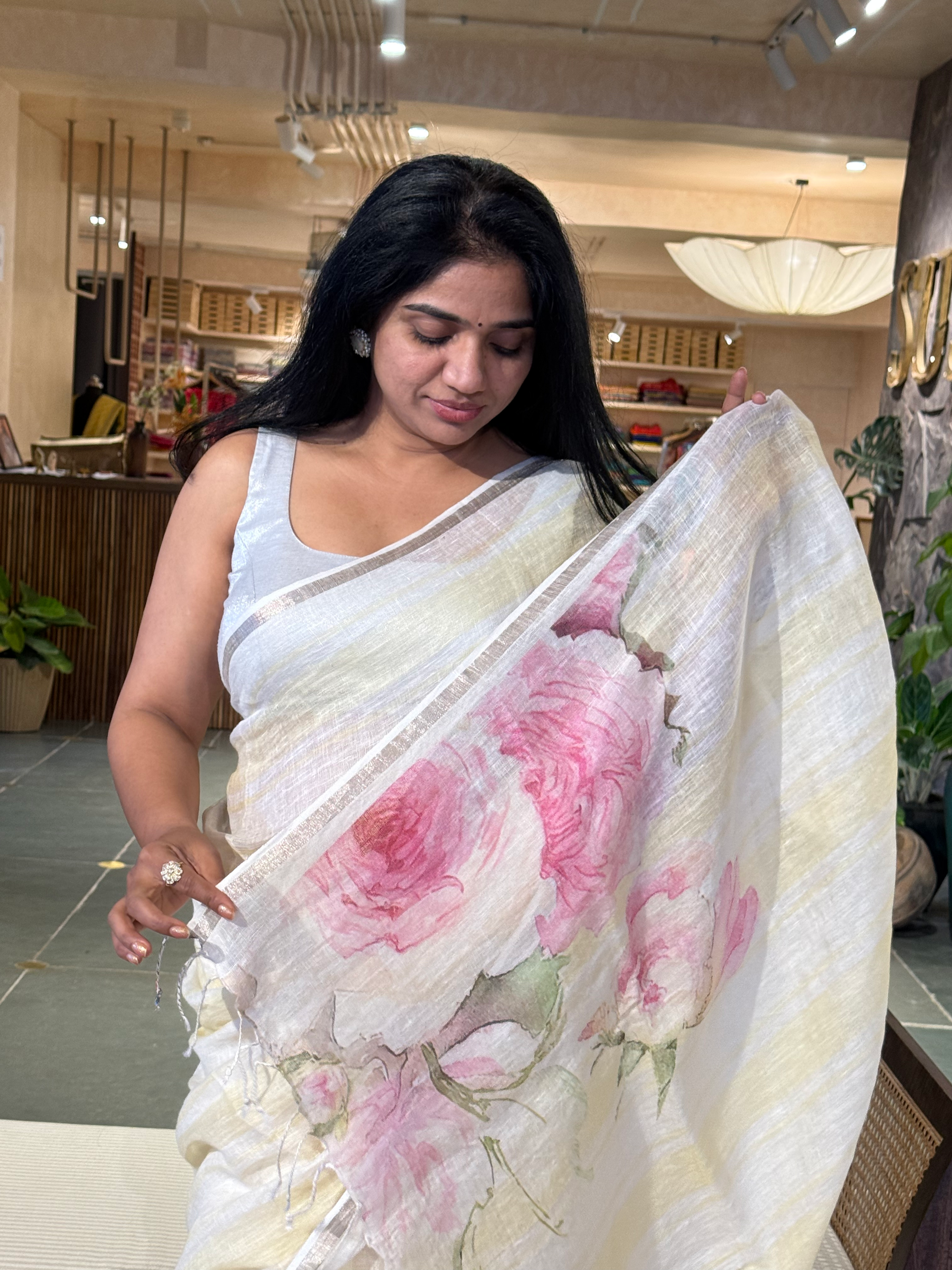 Ivory & Pastel Yellow Handloom Lenin Striped Saree With Statement Flower Pallu