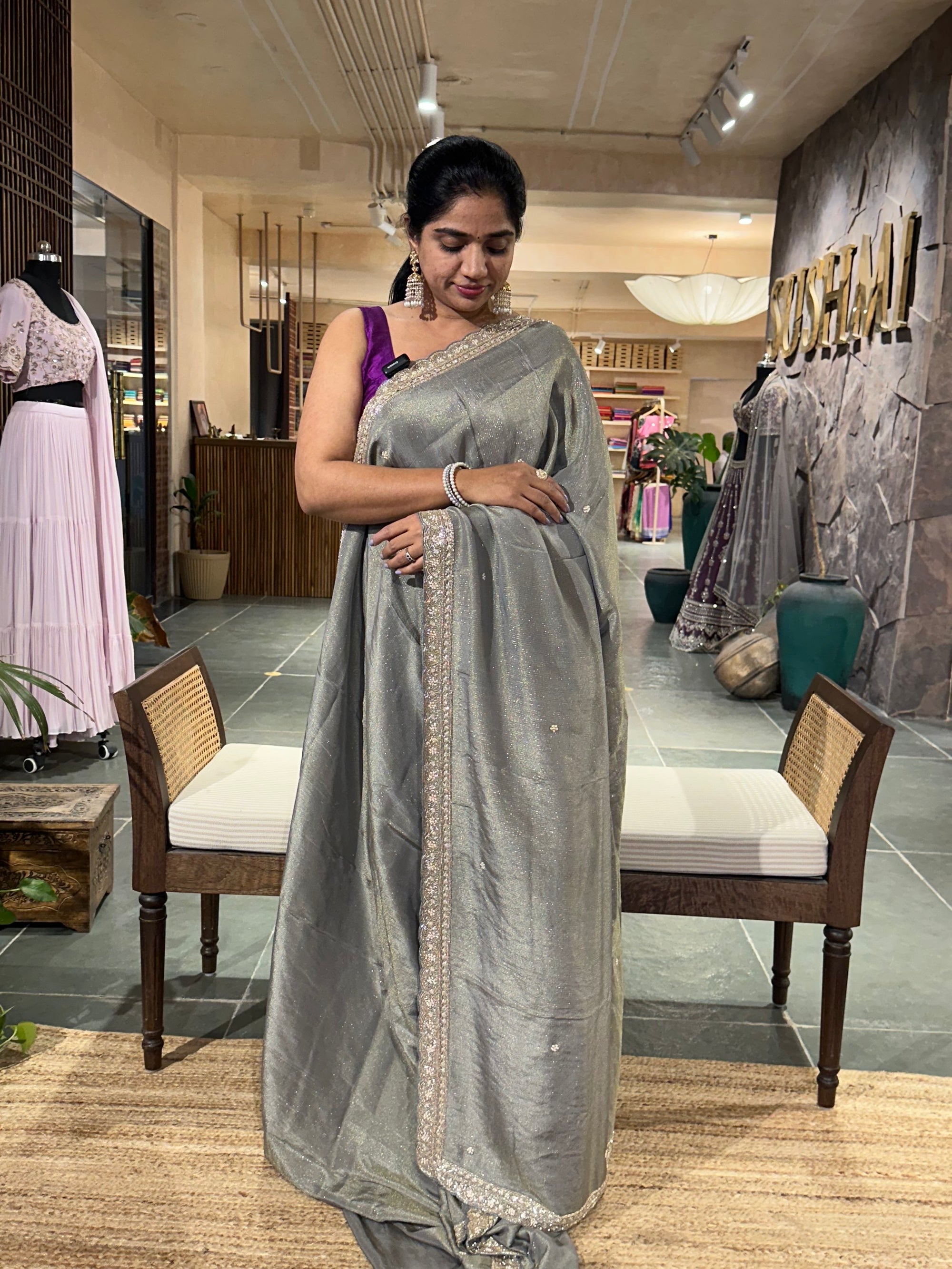 Tissue Gorgette Saree with scalloped handworked border and blouse