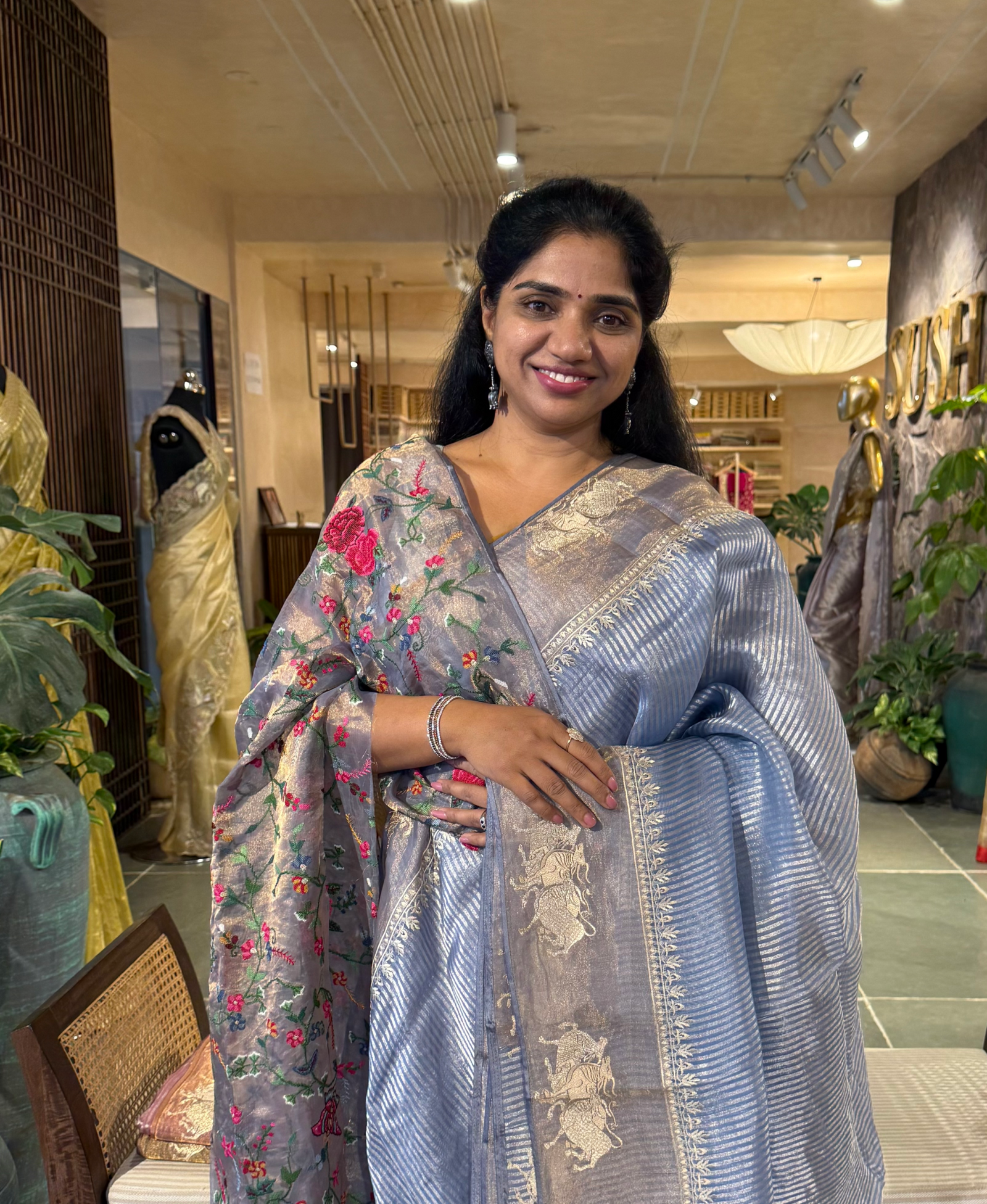 Evening Sky Tissue Stripes Saree with Nandi Border & Tissue Petite Point Blouse