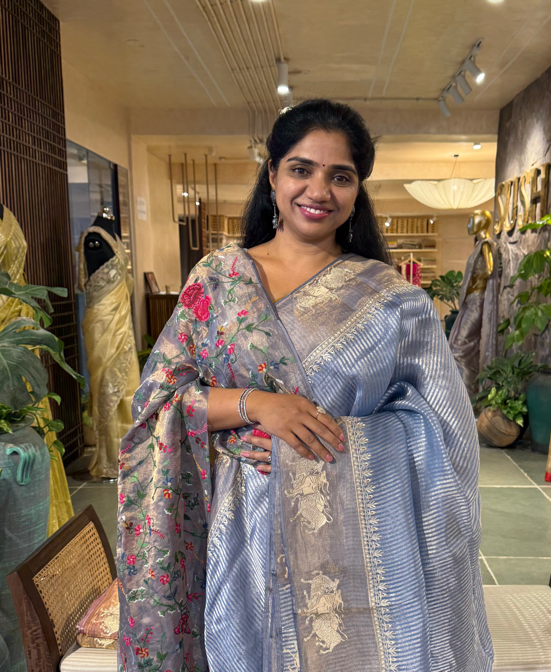 Evening Sky Tissue Stripes Saree with Nandi Border & Tissue Petite Point Blouse